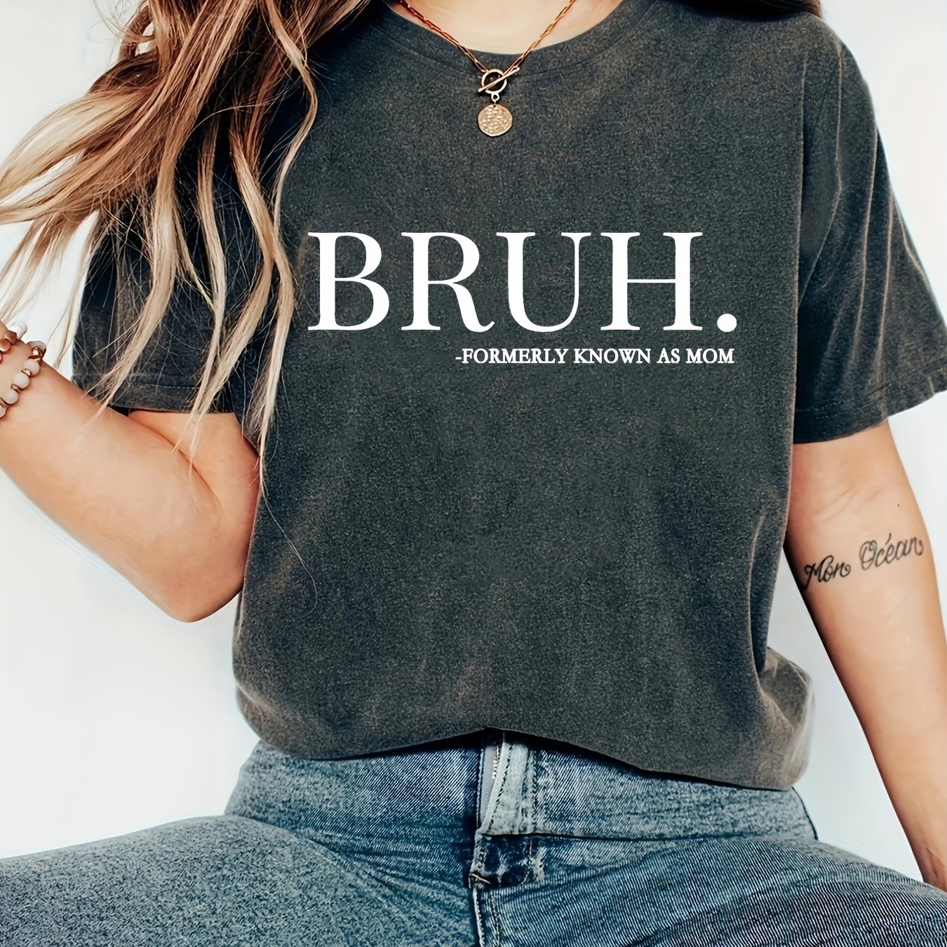 TEMU T-shirt Tricoté Imprimé Lettre BRUH, Haut Décontracté À Manches Courtes Et Col Rond Pour L'été Et , Vêtements Pour Femmes