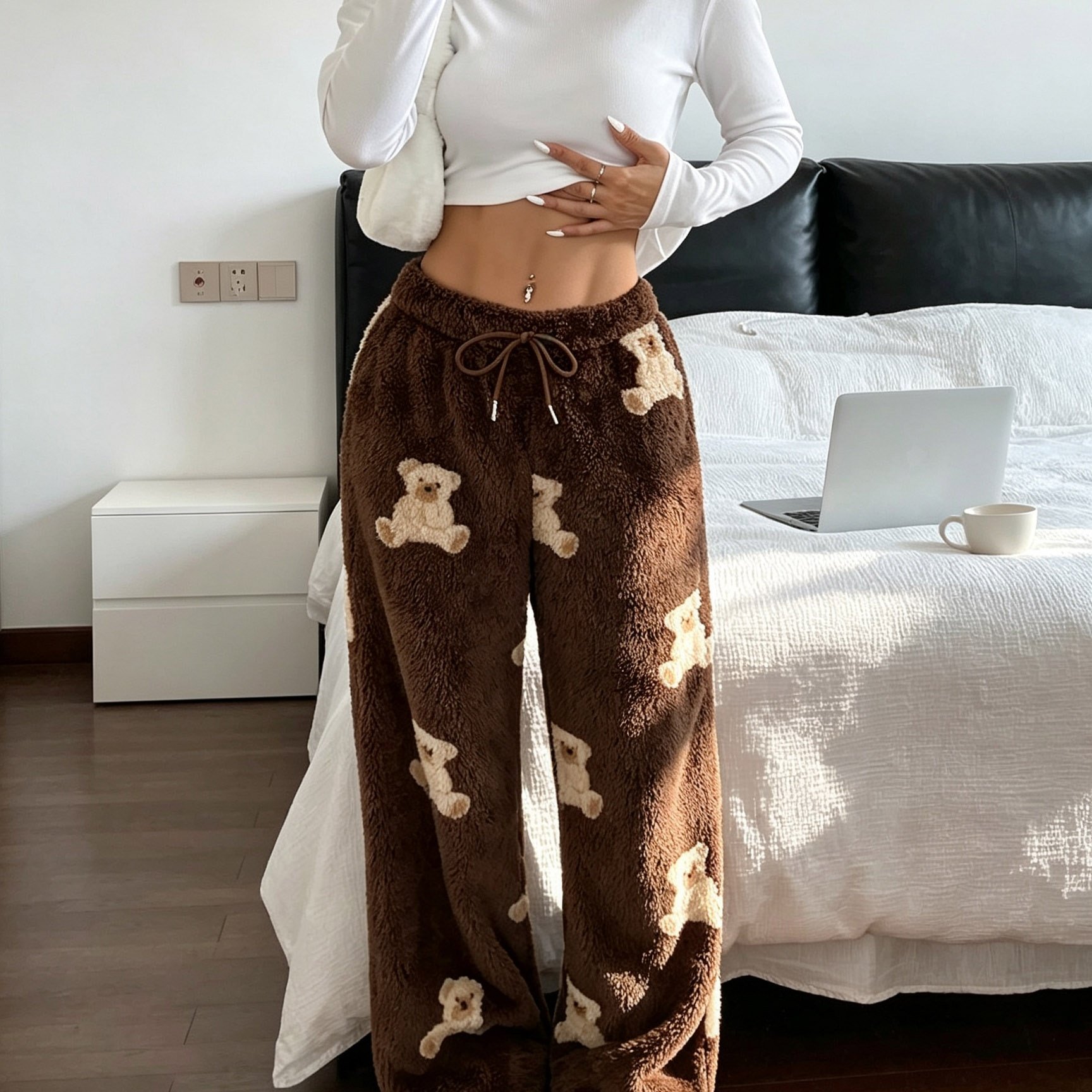 TEMU 1 pantalon tendance chaud et décontracté pour femme, automne-hiver, avec décoration en petit, coupe et confortable à jambes larges. Tissu chaud