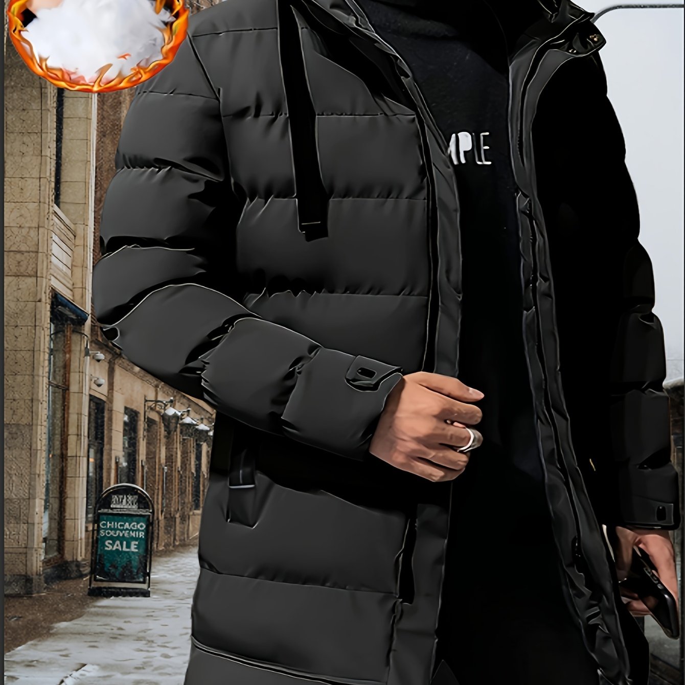 TEMU Mens Long Hooded Jacket Thick Padding Adjustable Hood Mid Length Cut To Cover Hips Wind And High Quality Fabric Great For Daily Commutes And