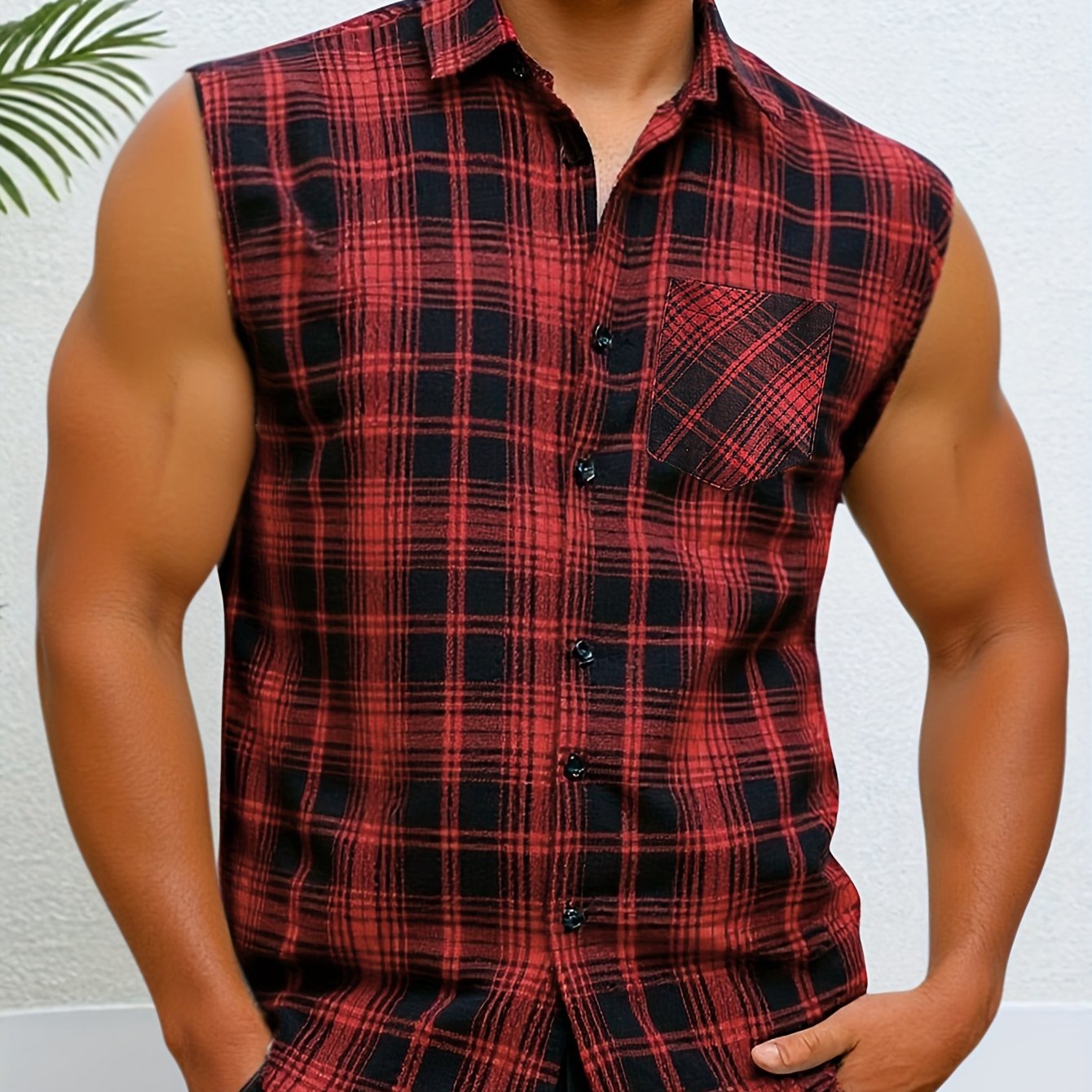 Sleeveless Checkered Shirt, Plus Size