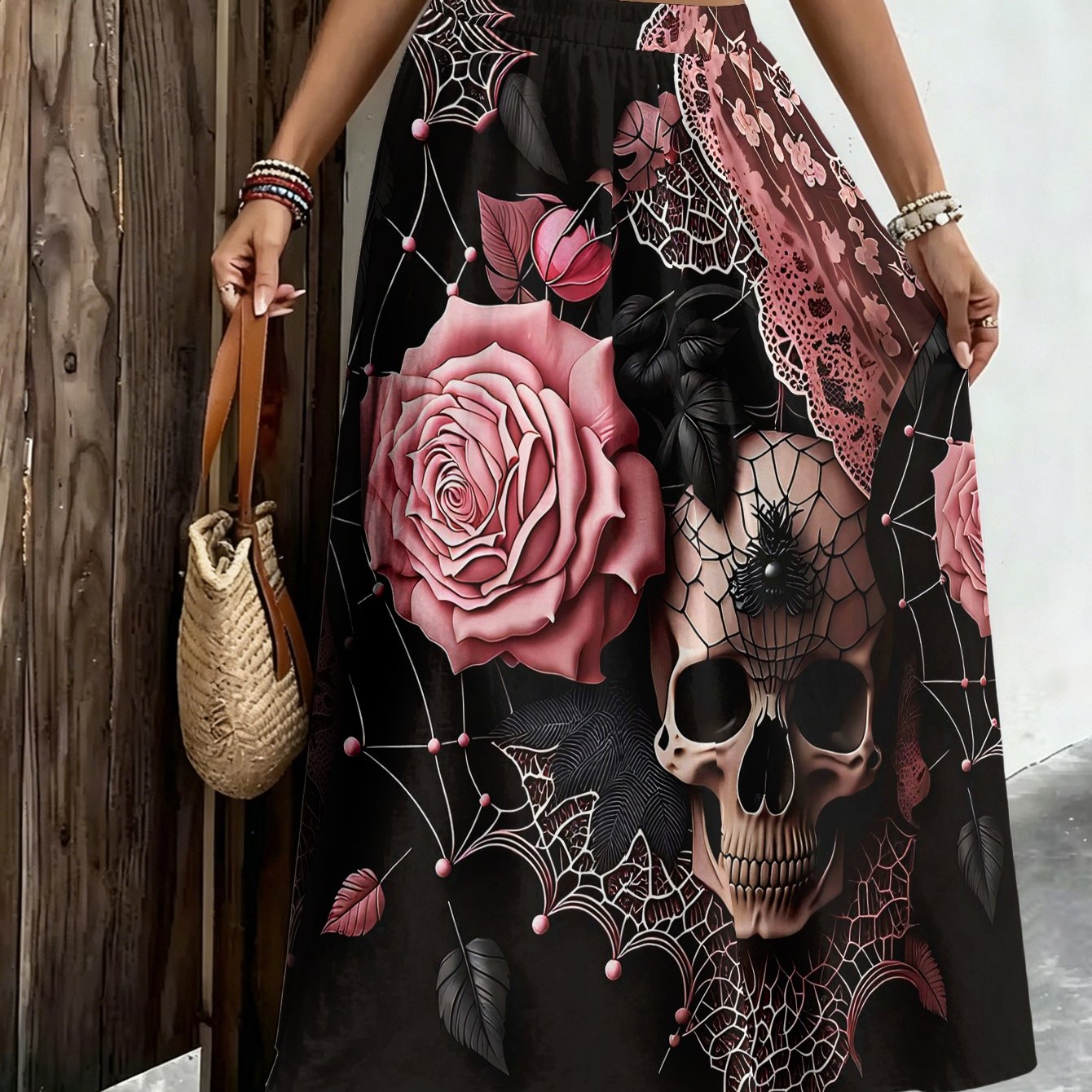 TEMU Plus-size Women's Elegant And Stylish Half Skirt, Casual Printed Midi Skirt, Gothic Rose Skull Lace Spiderweb Pattern,