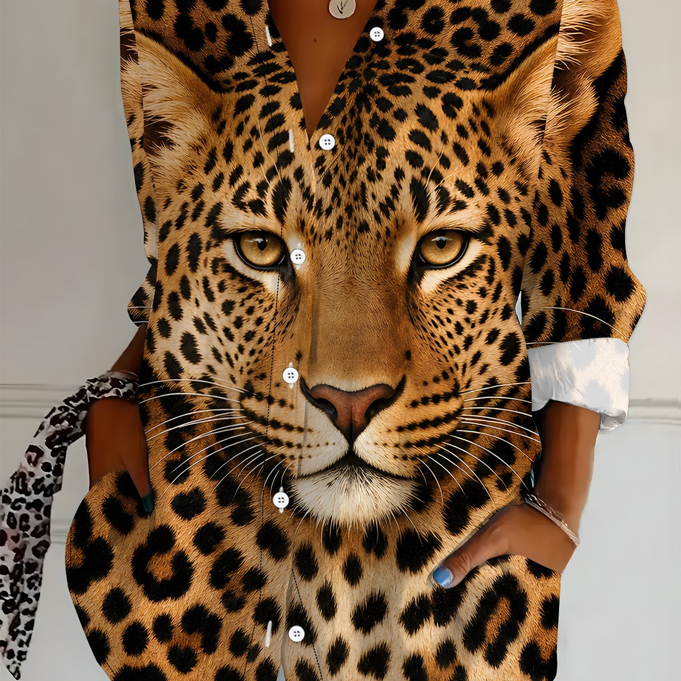 TEMU Plus Size Women's Long Sleeve Shirt, Leopard Print Loose Casual Blouse With Leopard Head Element, Mid-length Women's Long Sleeve Collared Shirt