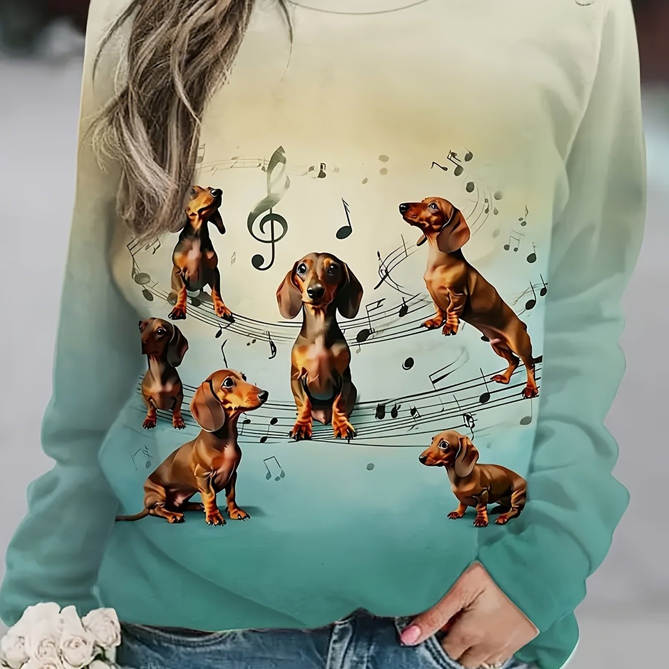 TEMU Plus Size, Women's Plus Size Animal And Music Note Print Sweatshirt, Festive Music Dachshund Pattern Casual Neck Long Sleeve, Exquisite,