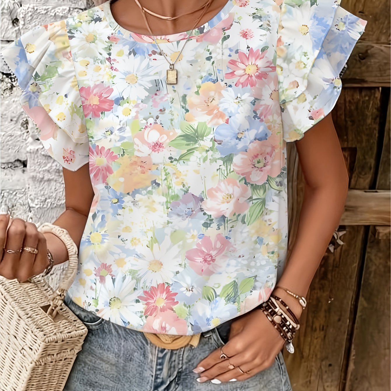 TEMU Floral Lotus Leaf Sleeve Short-sleeved T-shirt Women's Top Versatile Casual Shirt