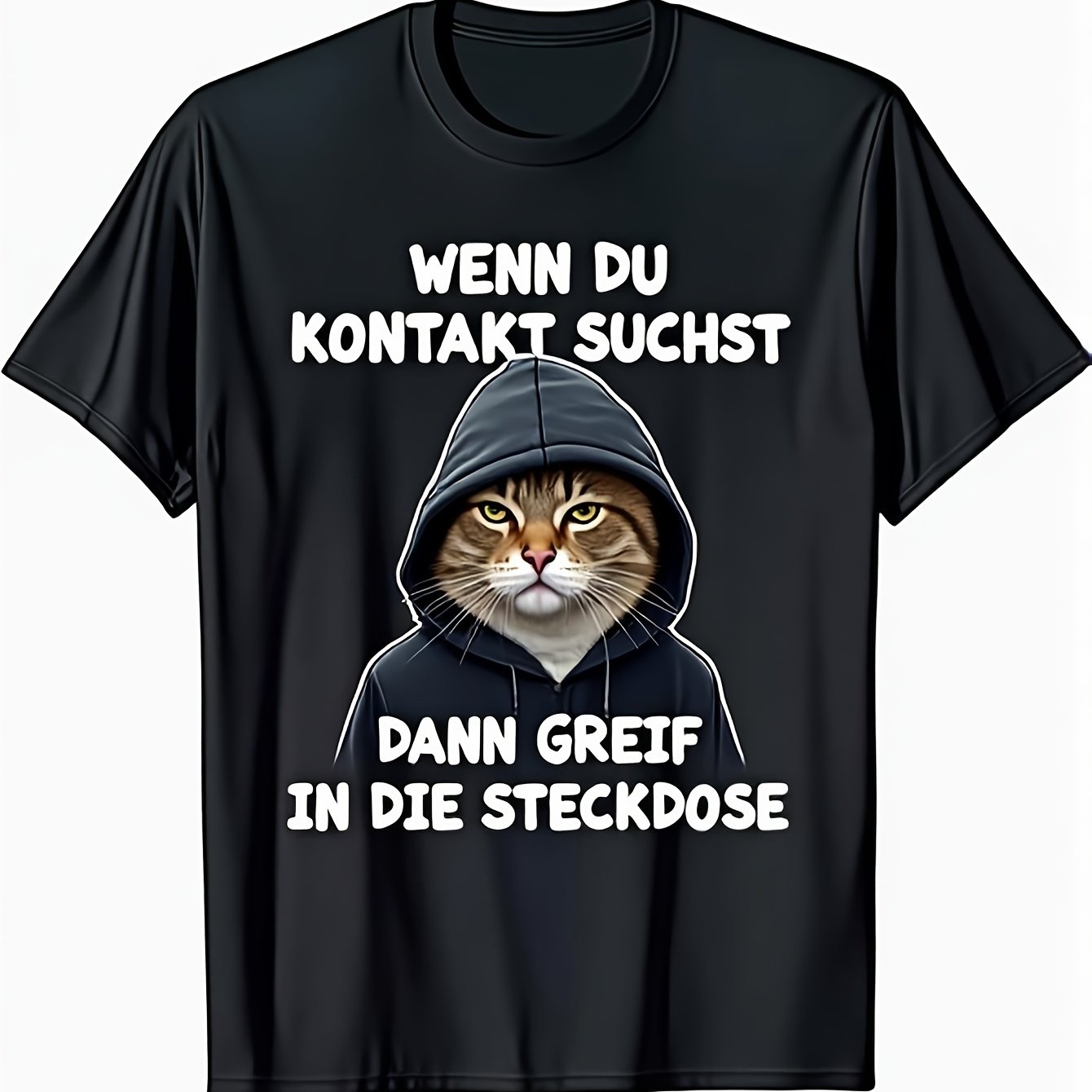 Image of German T- Shirt_ Black Casual Round Neck Short Sleeve Tee For Men& Women, Humorous Cat Graphic, All- Season Wear, , Machine Washable, Regular Fit Adult Tee Featurin