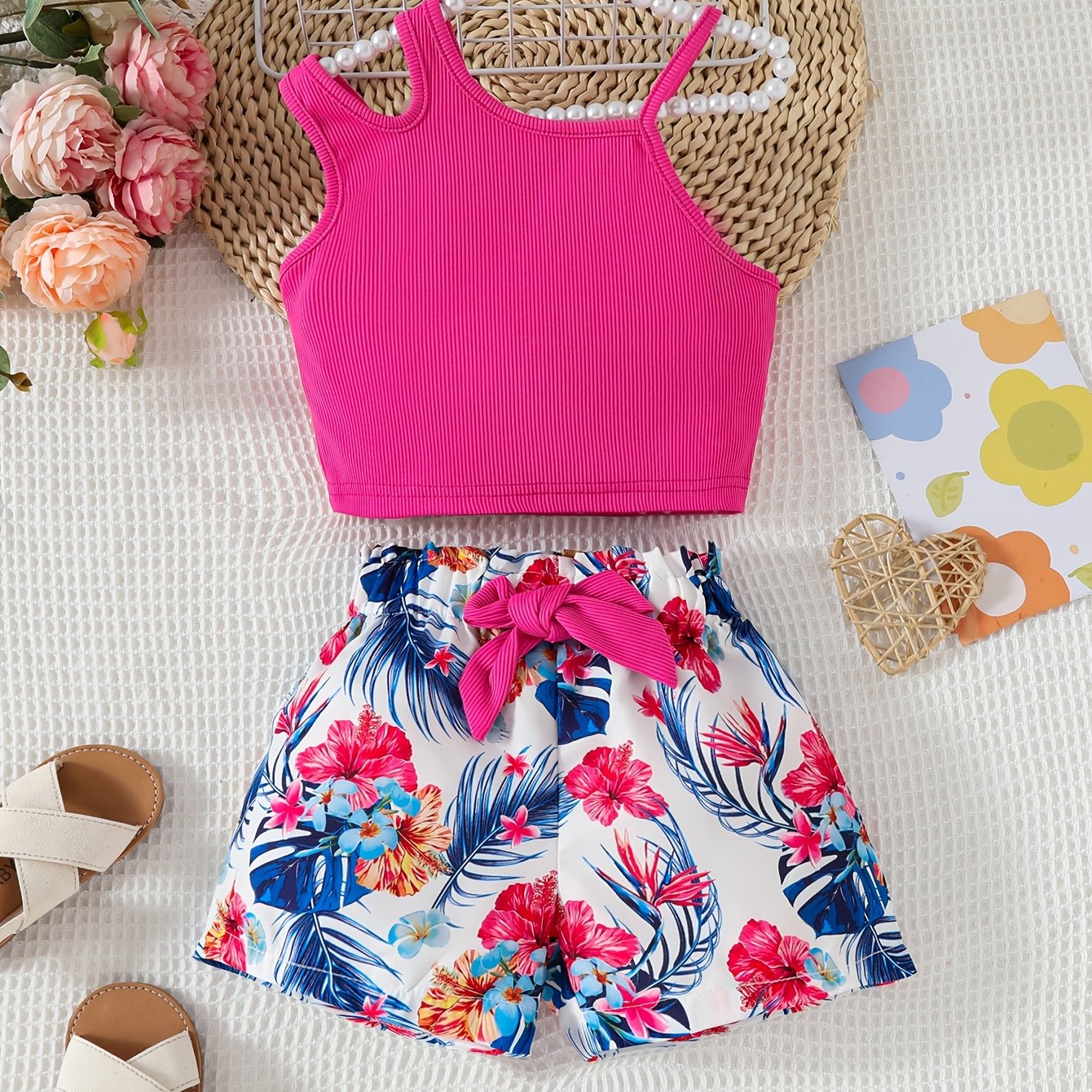 Image of Girls' Casual Sleeveless Floral Print Vest And Shorts Set, Suitable For Daily Wear And Outdoor Vacations, Perfect For Outdoor