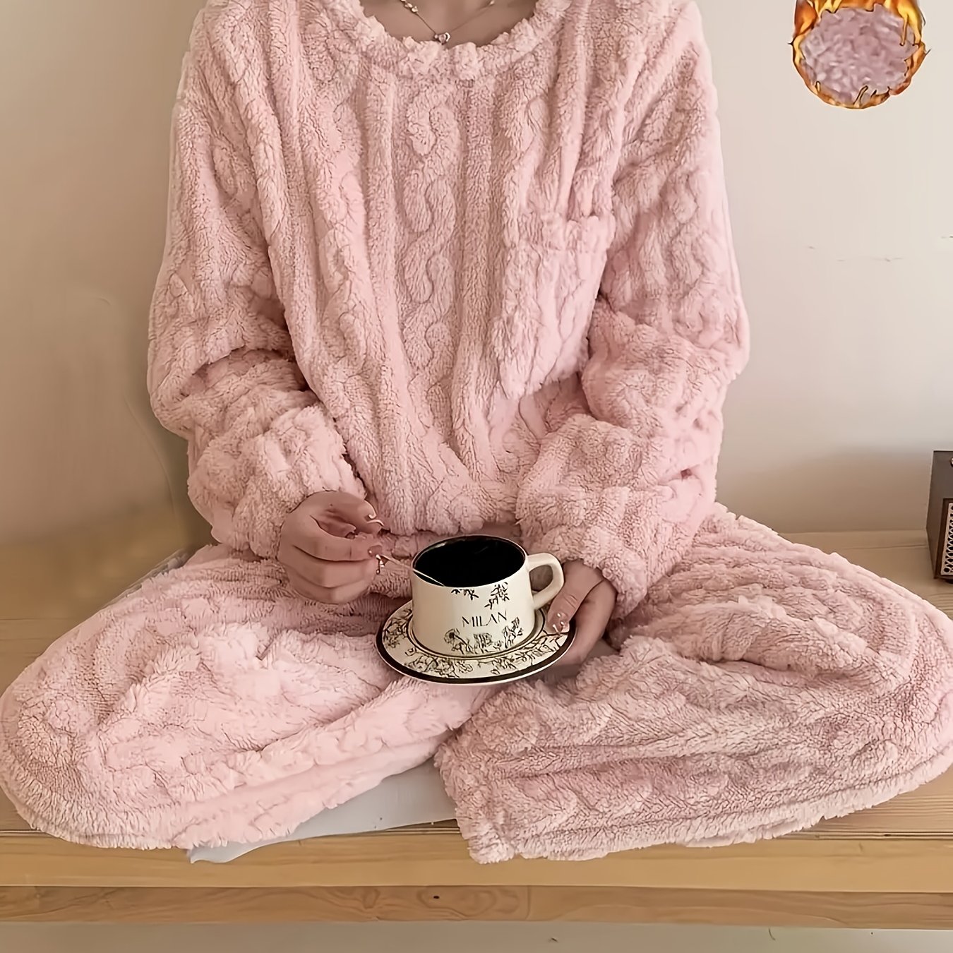 TEMU Women's Minimalist Style Casual Pajama Set, Warm Flannel Loungewear With Long-sleeve Round Neck Pullover And Loose Pants, Autumn-winter Outdoor