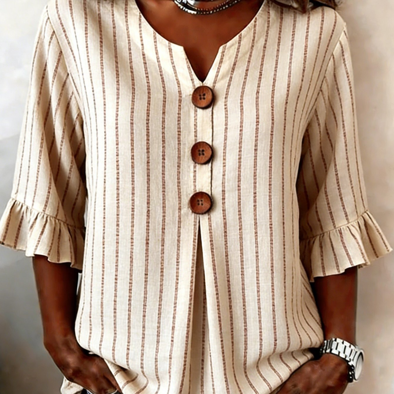 Image of Plus Size, Large Size Women's V-neck Autumn Fabric Beige With Brown Stripes Casual Top, Suitable For Daily Wear, Is The Gift For Mothers And Sisters