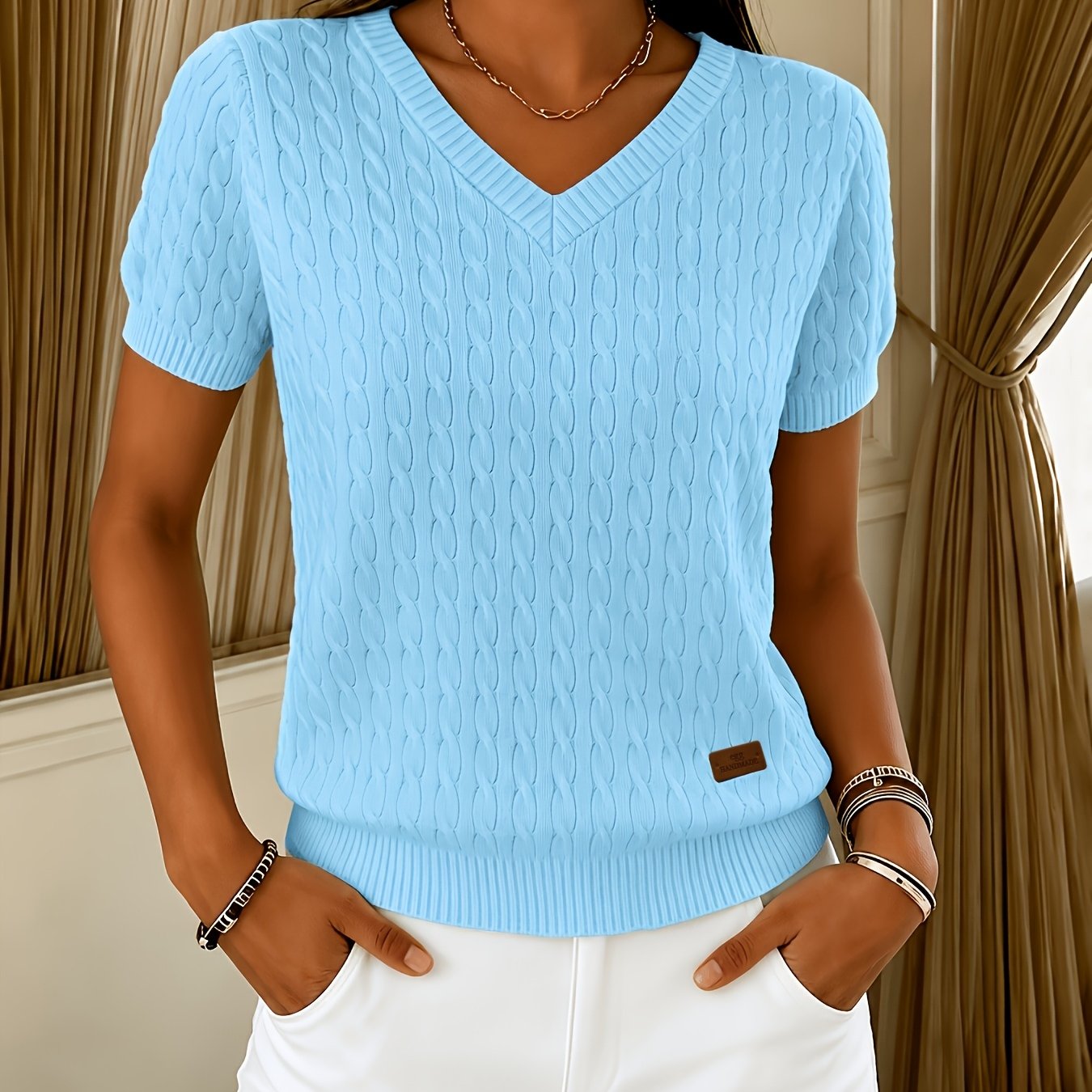 TEMU New Women's Sweater, Short Sleeve Jacquard Cable Sweater, Textured Design, Soft Comfortable And Temperament-enhancing, Casual Top