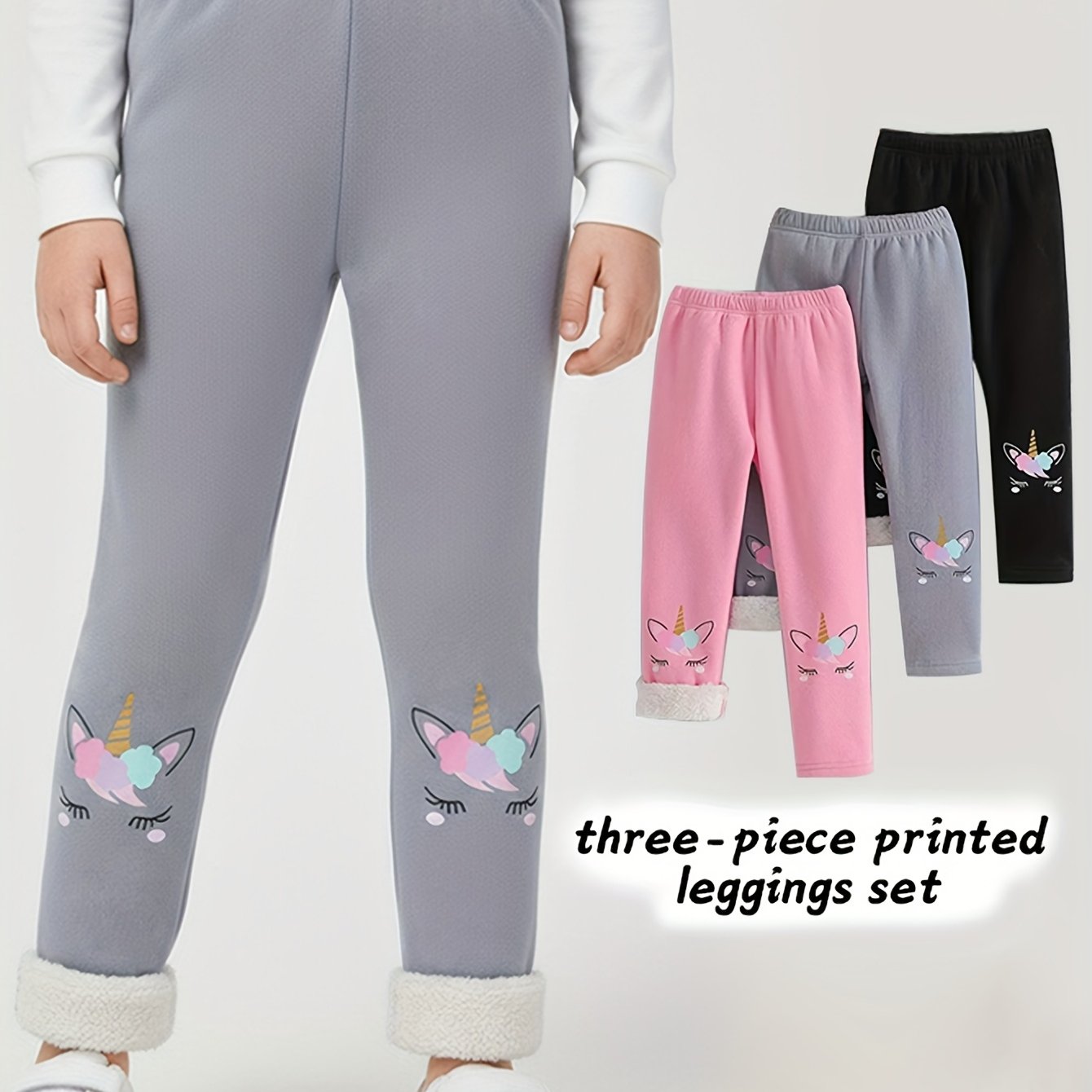 Image of Girls' Cute Colorful Printed Fiber Fabric + Composite Arctic Plush Thickened Plush 3pcs Set Long Pants, Perfect For Outdoor