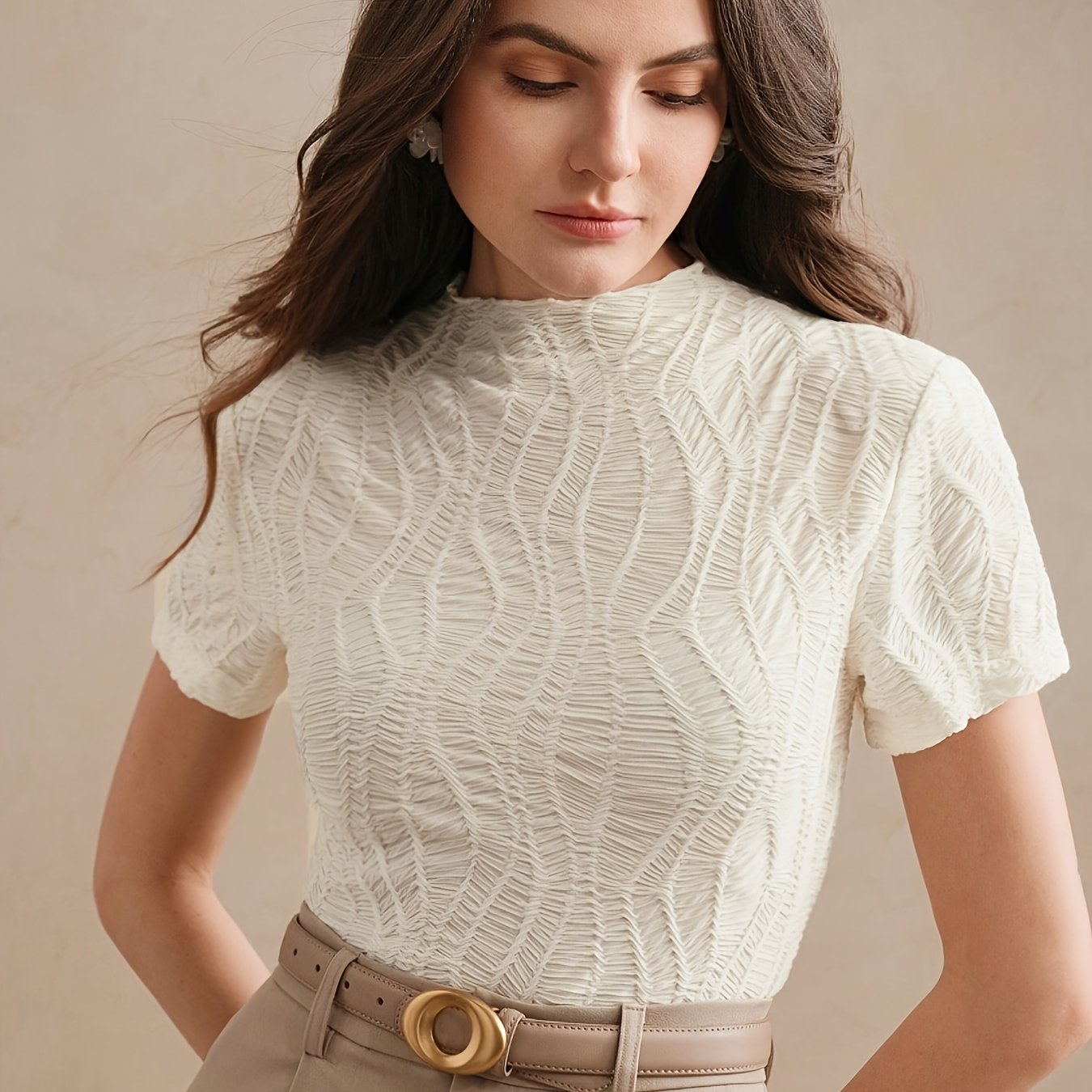 E-shop Schickes Jacquard-Top mit kurzen Ärmeln halbem Rollkragen für Frühling/Sommer