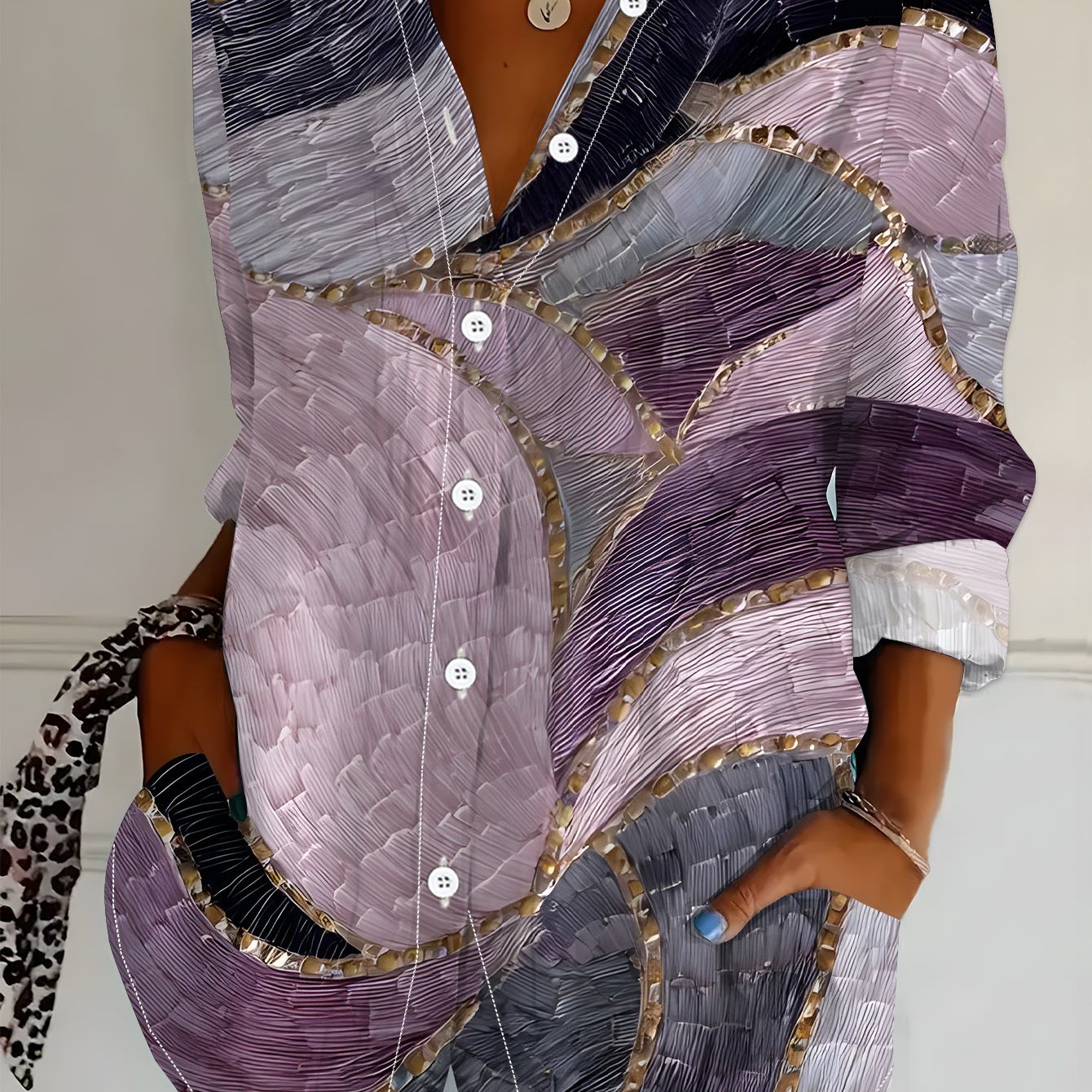 TEMU Plus Size Women's Long Sleeve Shirt, Wavy Pattern Printed Shirt, Golden Trimmed Style Mid-length Women's Shirt, Purple Romantic Shirt, Soft And