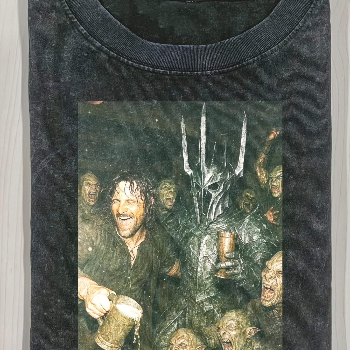 Sauron Party Meme Washed Men's T-shirt, 230g Pure Cotton, Men's Summer Clothing, Vintage Distressed Style, Men's Gift, Casual Outing And Vacation