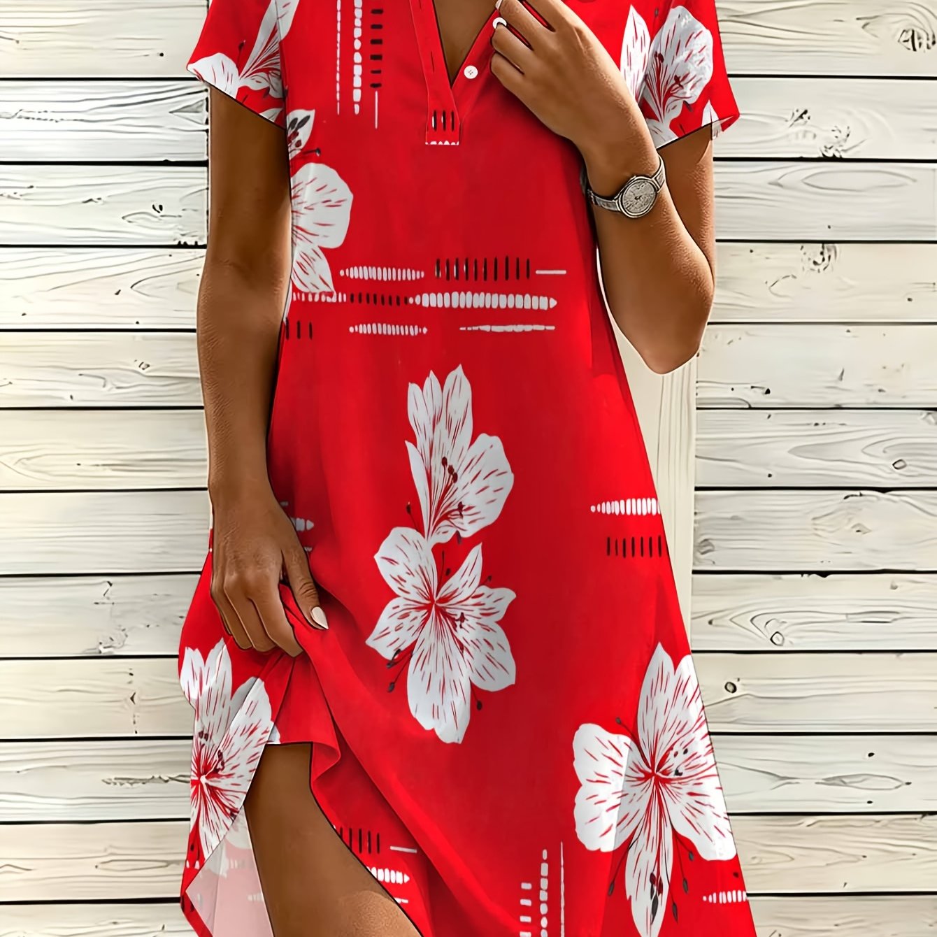 Image of Women's Fashion Shirt Dress, V-neck Button Dress, Hibiscus Print
