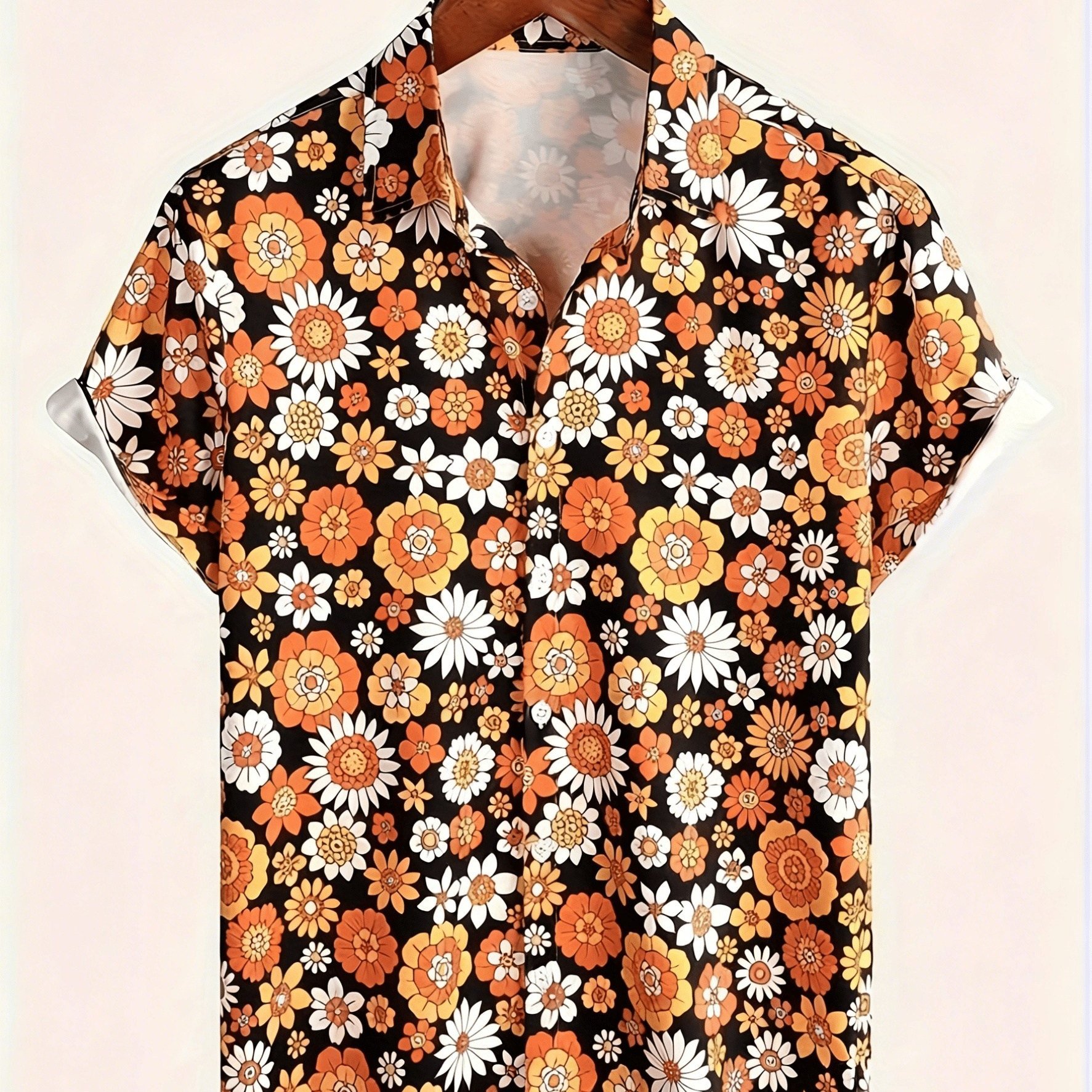 TEMU 1 Print Short Sleeve Shirt - Men's 70s Retro Floral Shirt, Orange White Vintage Daisy Pattern, Relaxed And , Retro Outfits And Daily Commute,