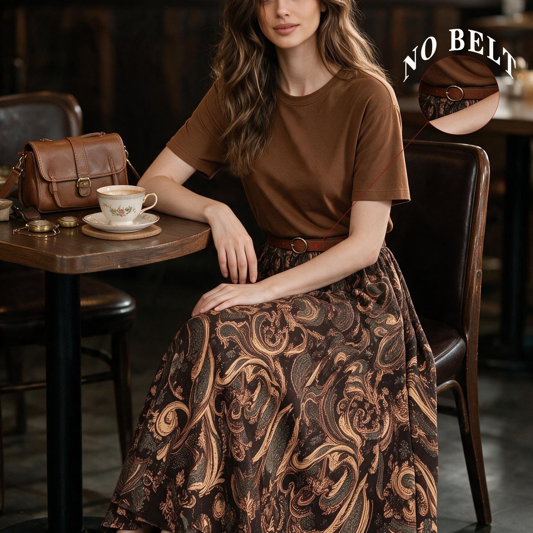 TEMU Women's Elegant Vintage Style Full Floral Print Skirt With Elastic Waist, A-line Skirt, Autumn/winter Style. No Belt