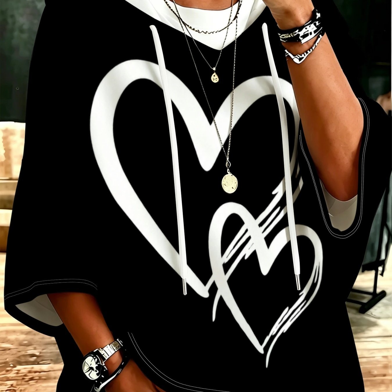 TEMU Plus Size - Cool Black Print Hooded Three-quarter Sleeve Top Loose Body-covering -match Casual Pullover Sweatshirt
