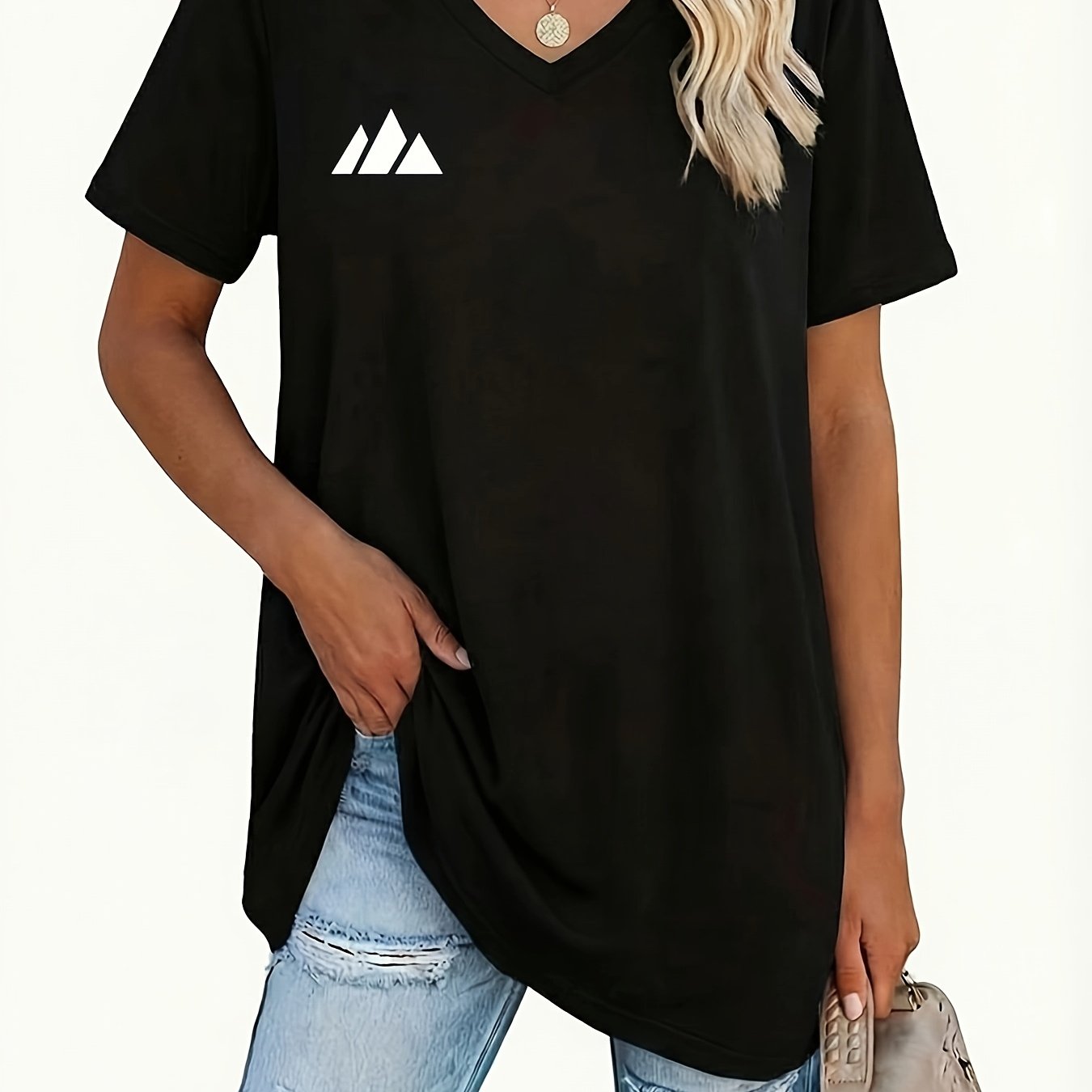 TEMU T-shirt Grande Taille pour Femme à Col en V - Couleur Unie et Géométriques Subtils pour Printemps/Été, Non Compatible avec les Marques, Haut à