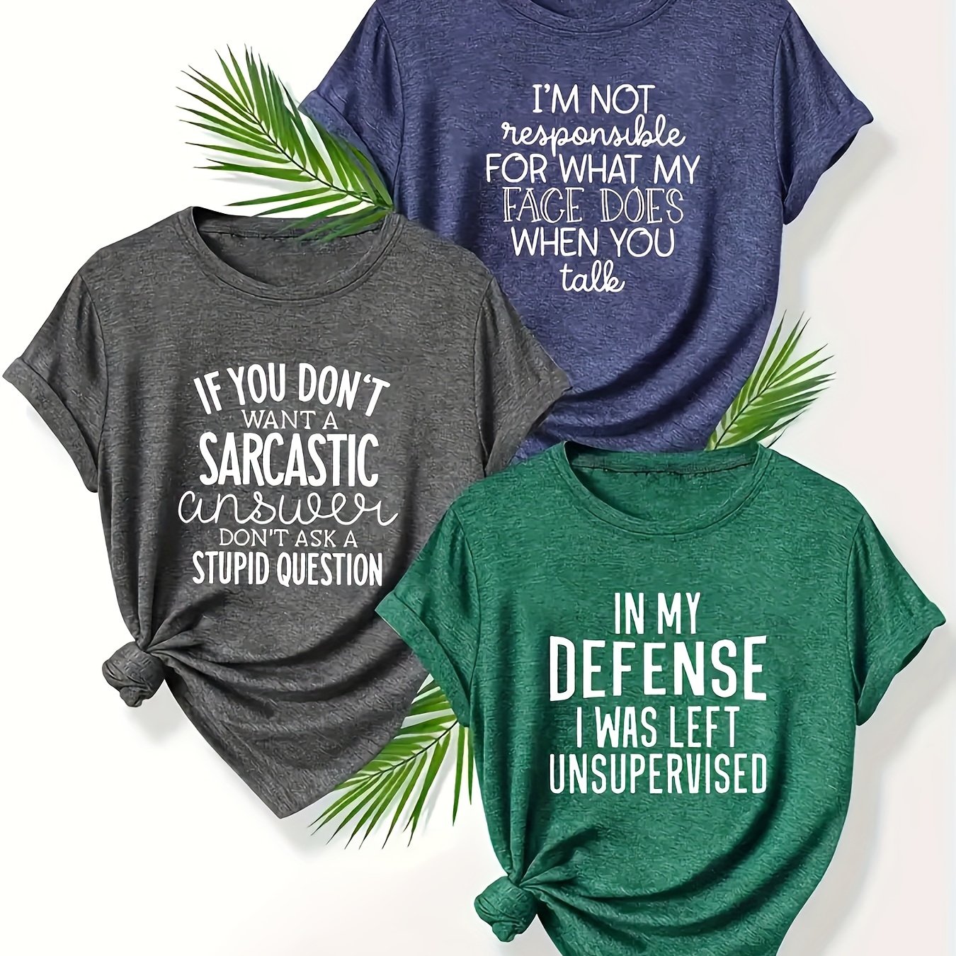 TEMU 3pcs Women's Funny Quotes T-shirts- Sarcastic Phrases, Soft Lavender Casual Everyday Tops, Loose Crew Neck Shirts Suitable For Home, Office,