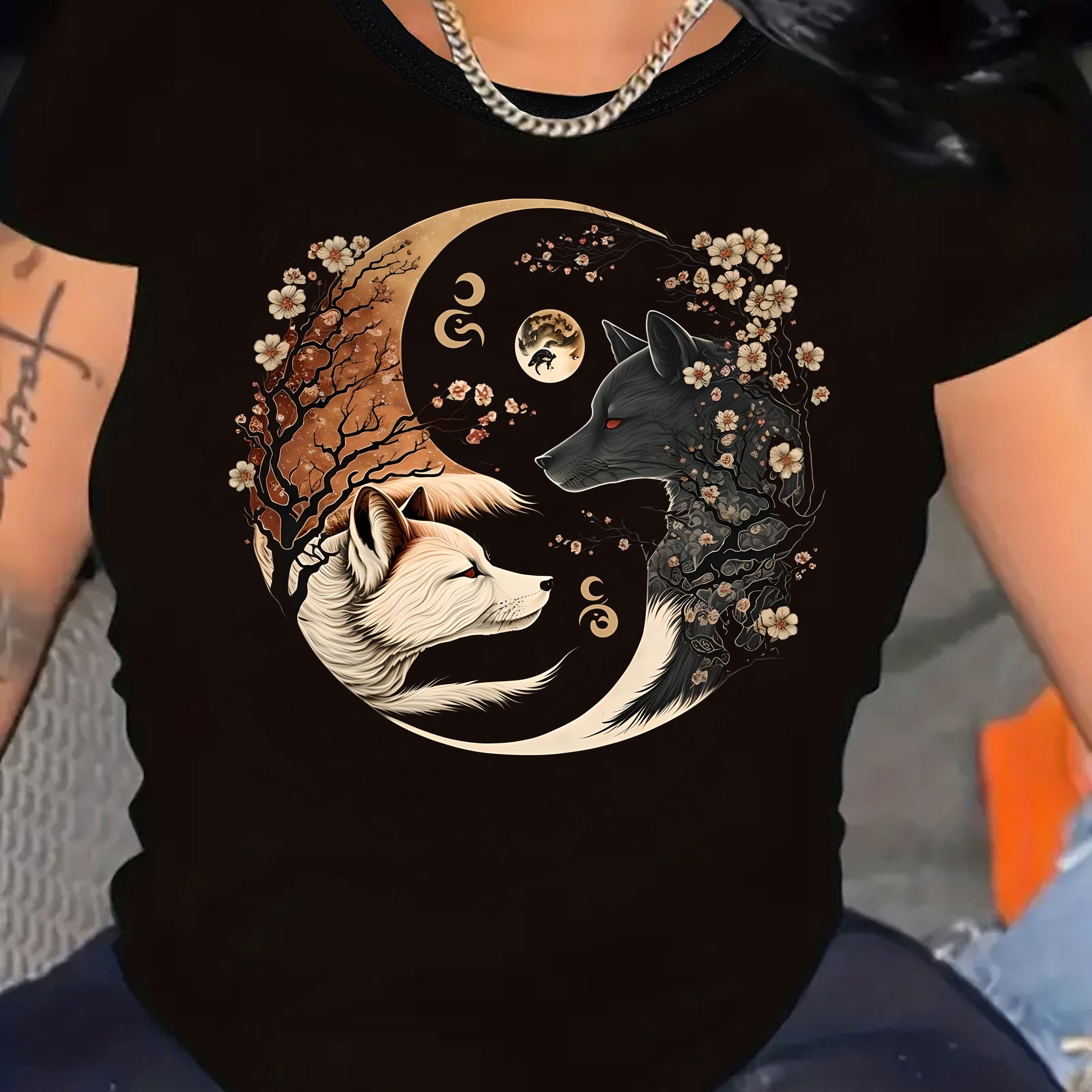 TEMU Plus Size, Plus Size Wolf Graphic Print T-shirt, Short Sleeve Crew Neck Casual Top For Summer & Spring, Women's Clothing
