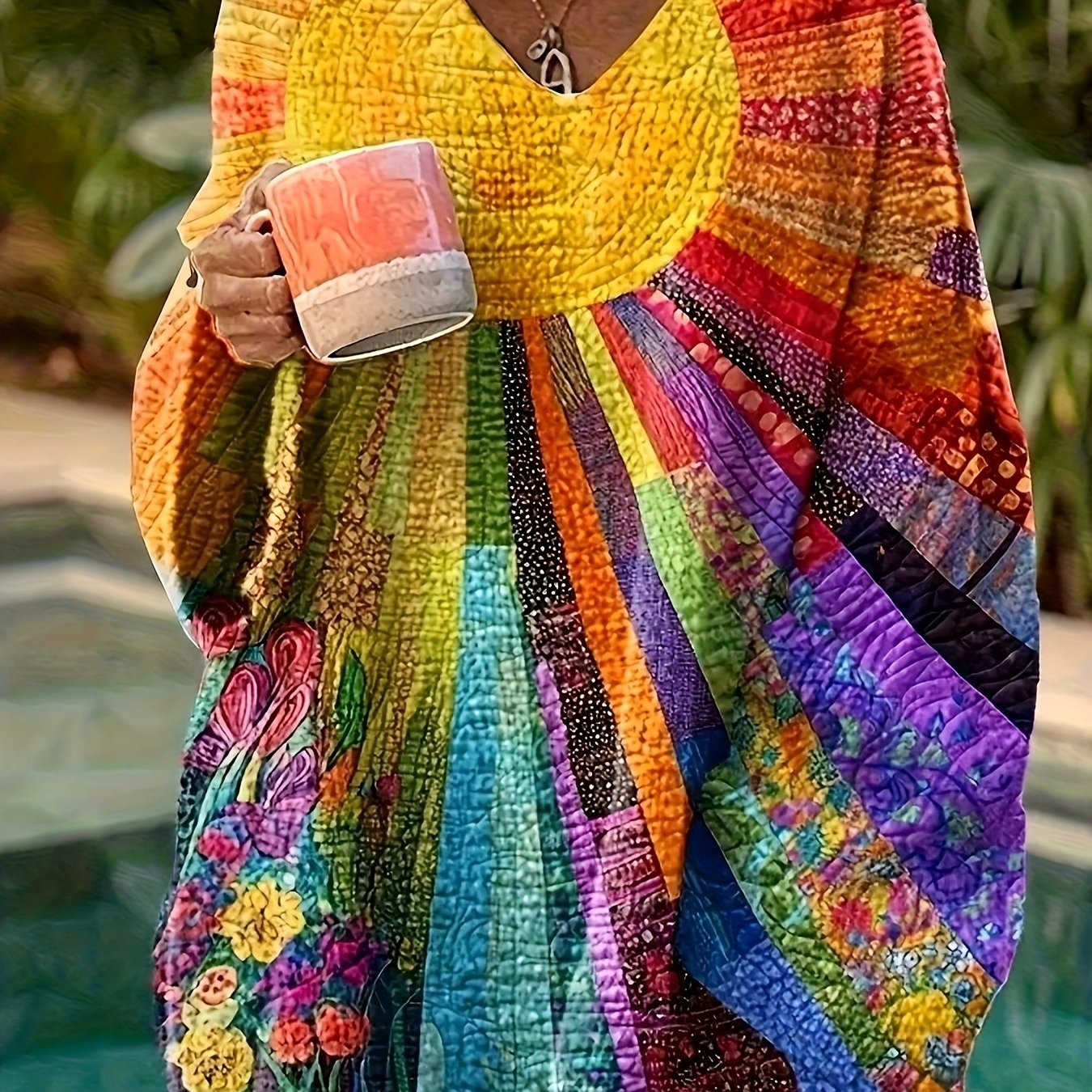 TEMU Plus Size, Women's Plus Size V-neck Sweater - Full-body Multicolor Floral Print -compatible For Spring/summer Layering, Casual V-neck Sweater