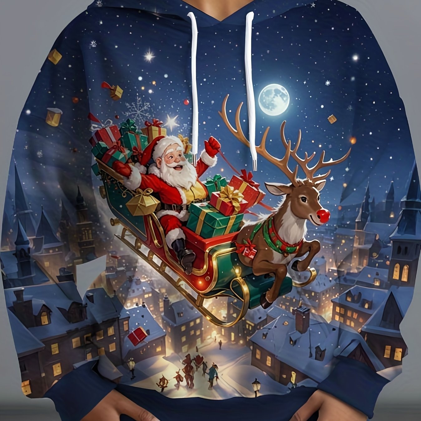 TEMU Plus Size - Plus Size - Plus Size - Plus Size - Women's Christmas Hooded Sweatshirt With Santa Claus Sleigh And Reindeer - Cozy Pullover, Casual