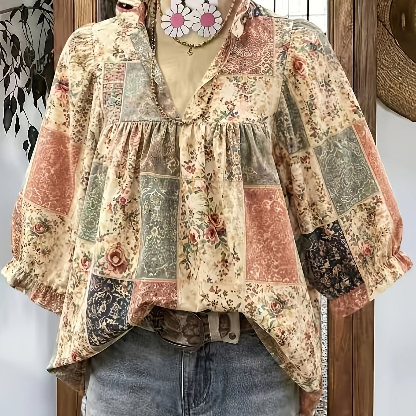 TEMU Plus Size, Plus Size Women's Floral Print Short Sleeve Shirt, Autumn Blouse With Paisley Bohemian Vacation Vintage V-neck Regular Top For Casual