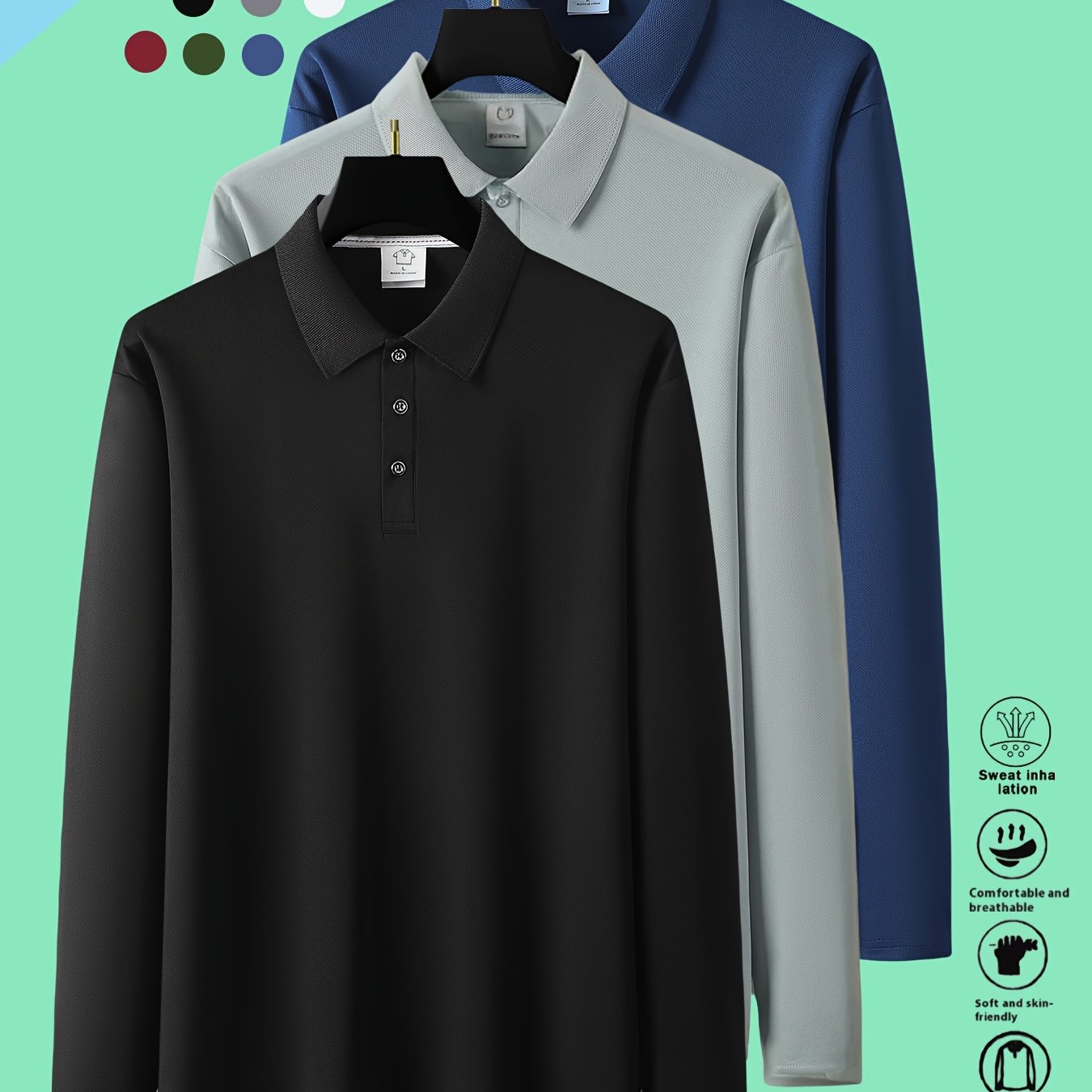 TEMU 3pcs Set Of Spring And Autumn Lapel Men's Long Sleeved Shirt, Solid Color Light Plate Shirt, Casual Sportswear . Very Suitable For Travel And