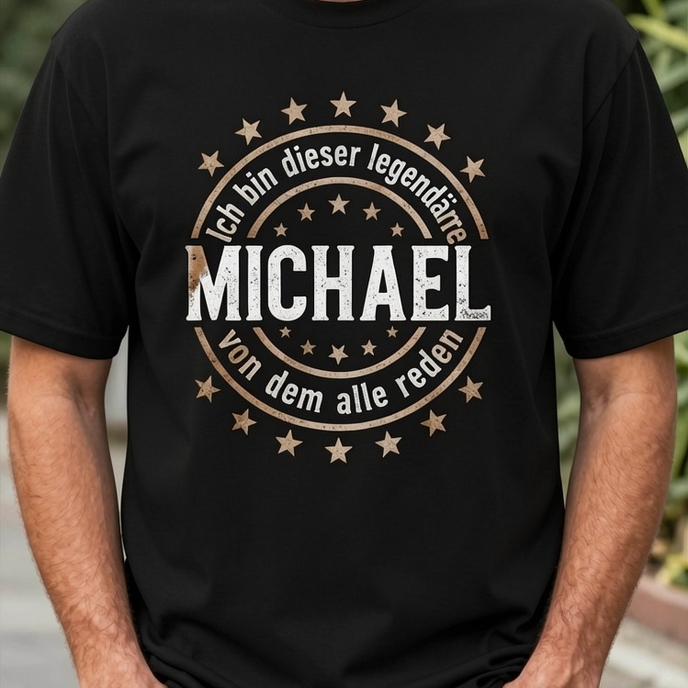 Image of Men's German Name Michael T-shirt | Vintage German Text Design With 'ich Binns Mich Michael' - Casual Round Neck, Bohemian Style, Fit, Golden Lettering - Ideal Gift For Birthday