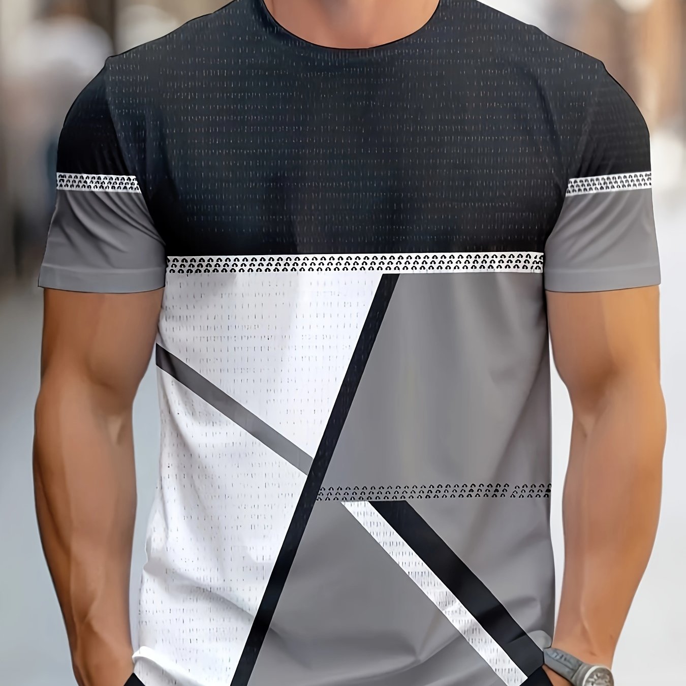 TEMU Men's Trendy Casual 3d Geometric Print T-shirt - Crew Neck, Soft Polyester, Summer