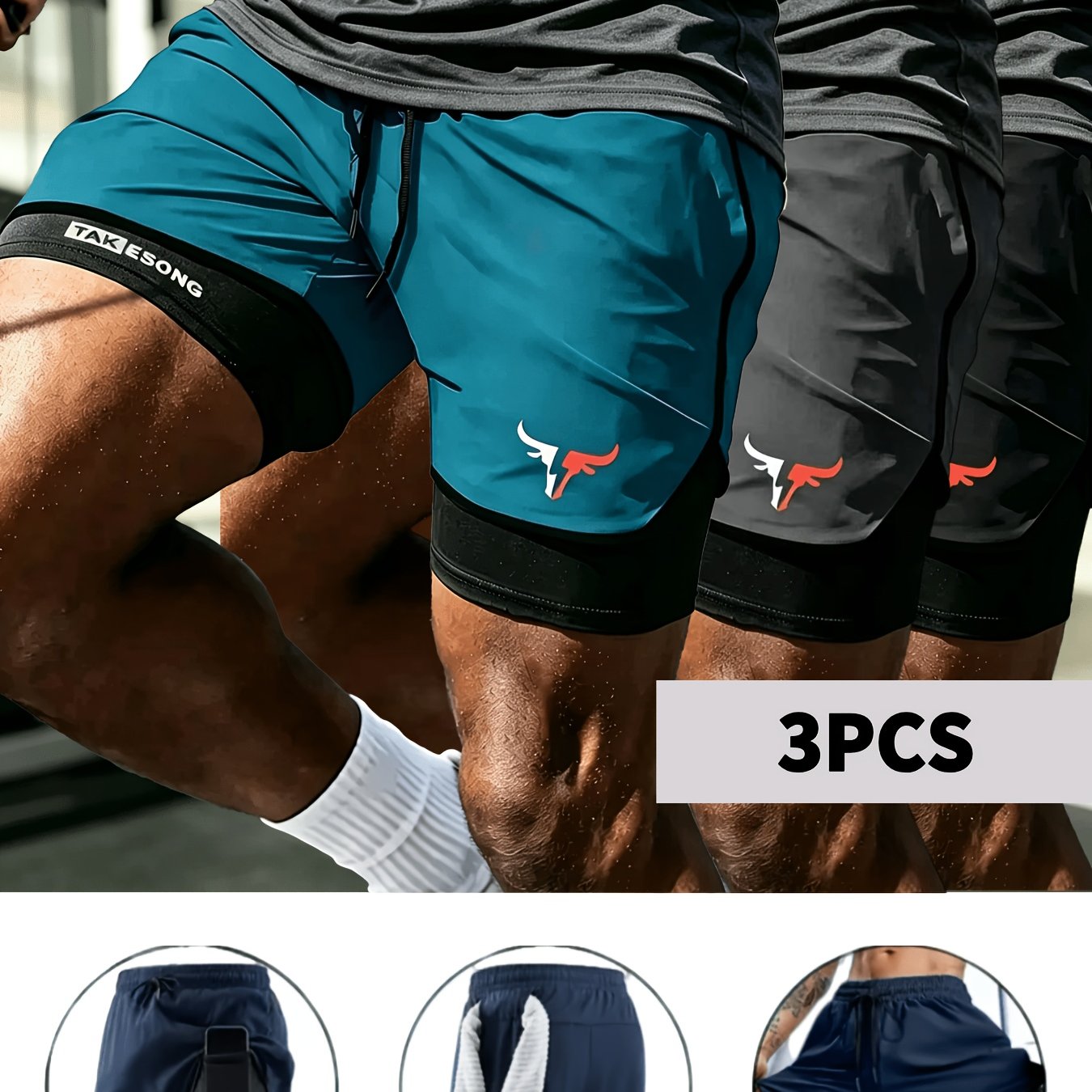 Image of 3pcs Men's 2-in-1 Running Shorts, Quick-drying Athletic Shorts With Pockets, Compression Pants, Breathable Training Shorts, Summer Beach Gym Shorts