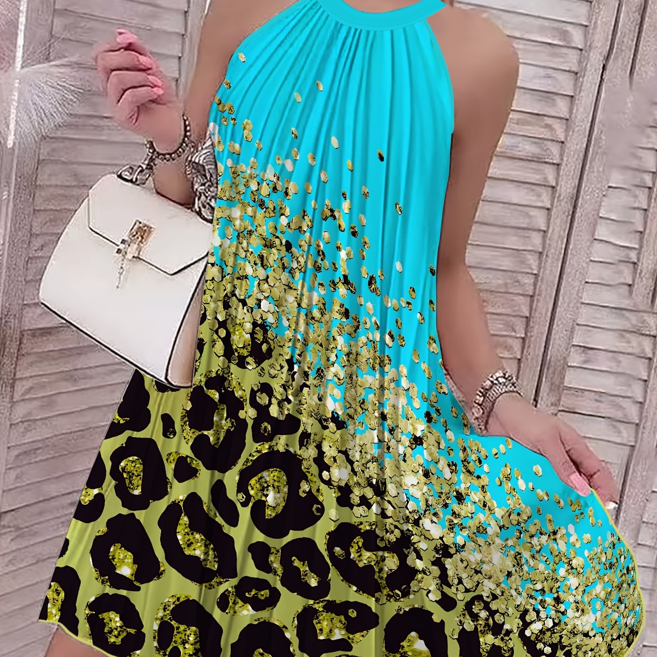Image of 2024 Western Summer Floral Print Halter Neck Sleeveless Ruched Off-shoulder Dress