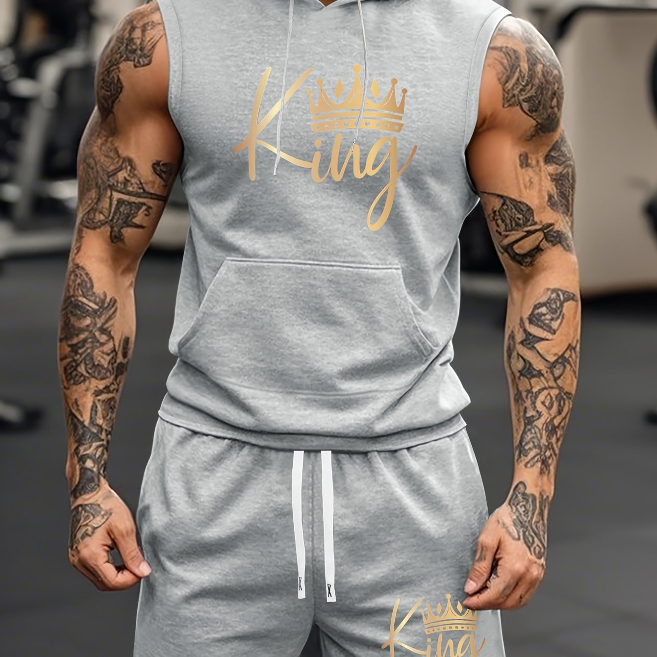 TEMU King Printed Pattern Spring Summer Autumn Trendy Brand Minimalist Vacation Elastic Casual Sports Hooded Full Body Vest Shorts Set
