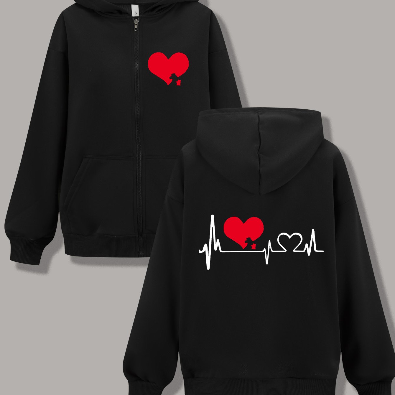 TEMU Women's Long-sleeve Zip-up Casual Jacket With A Heart Ekg Pattern Print, Suitable For Spring, Summer, And Autumn. Made Of Slightly Stretchy,