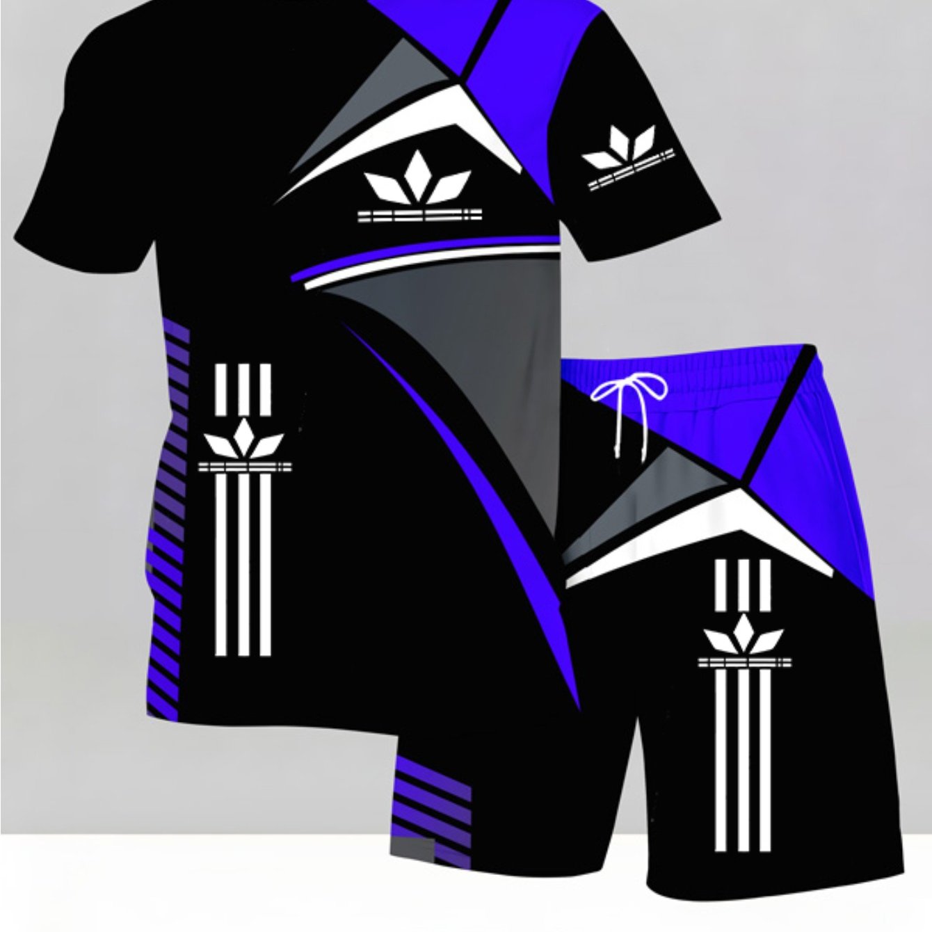 TEMU Men's 3d Printed Short Sleeve Shorts Set, Summer Black And Blue Contrast Color Sporty Casual 2pcs Set