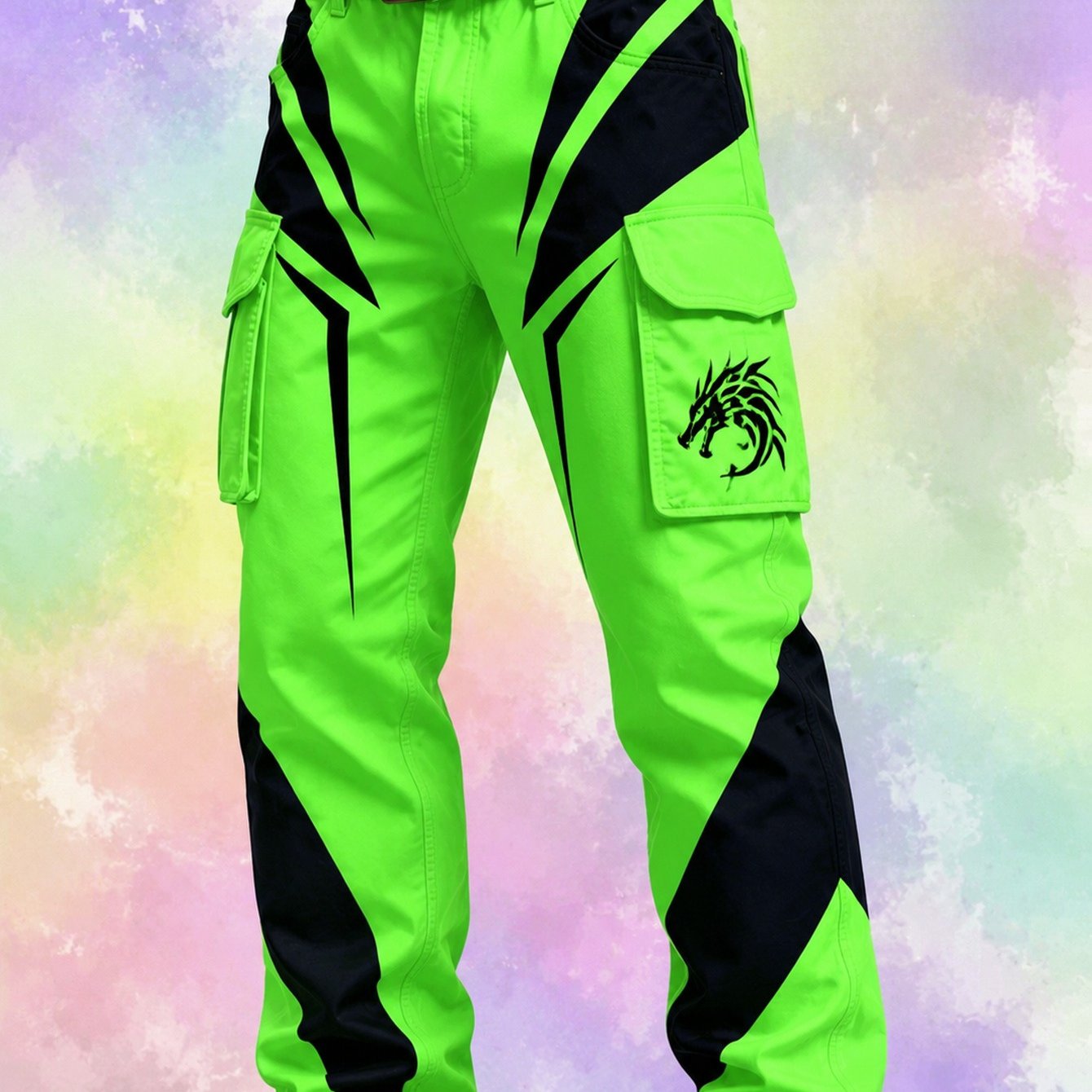 Men's Printed Cargo Pants(belt Not Included): Fluorescent Green Versatile Casual Trousers For Men