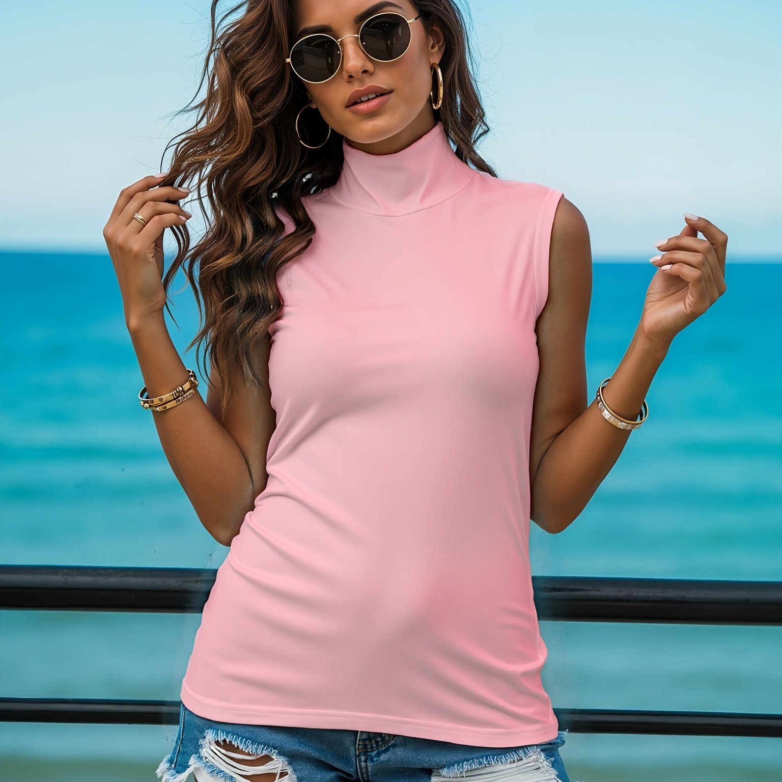 TEMU Plus Size, Women's High-neck Sleeveless Top, Versatile For Layering Or Wearing As An Outer Shirt