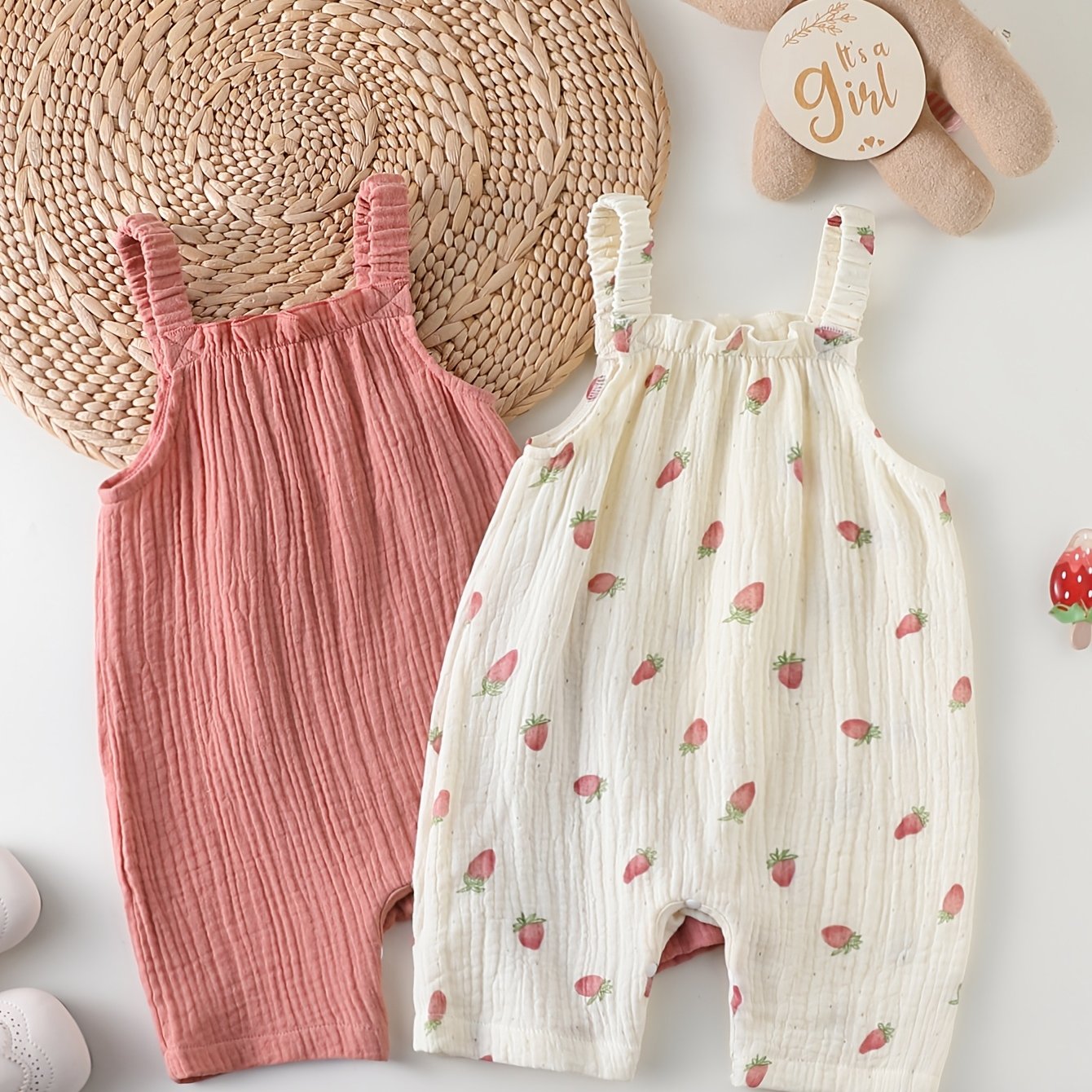 Image of 2pcs Set Girls' Baby Casual Cute Strawberry Print Woven Crinkle Fabric Hem Button-front Sleeveless Romper, Summer, Perfect For Outdoor, Newborn/toddler Necessities