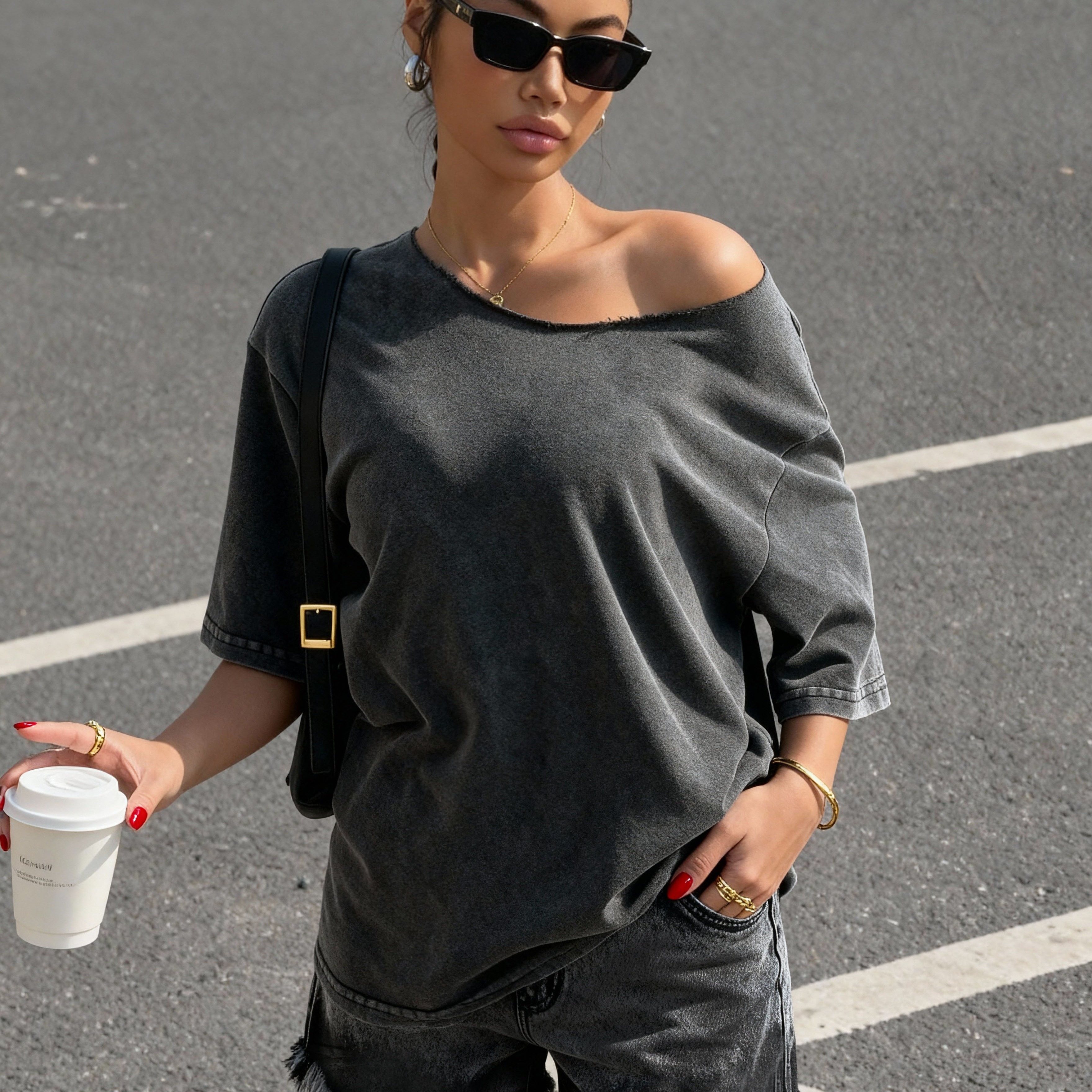 Image of Vintage Washed Off-shoulder Tee - Women's Asymmetric Neckline Top, Distressed Short Sleeve Blouse, Relaxed Fit Clothing