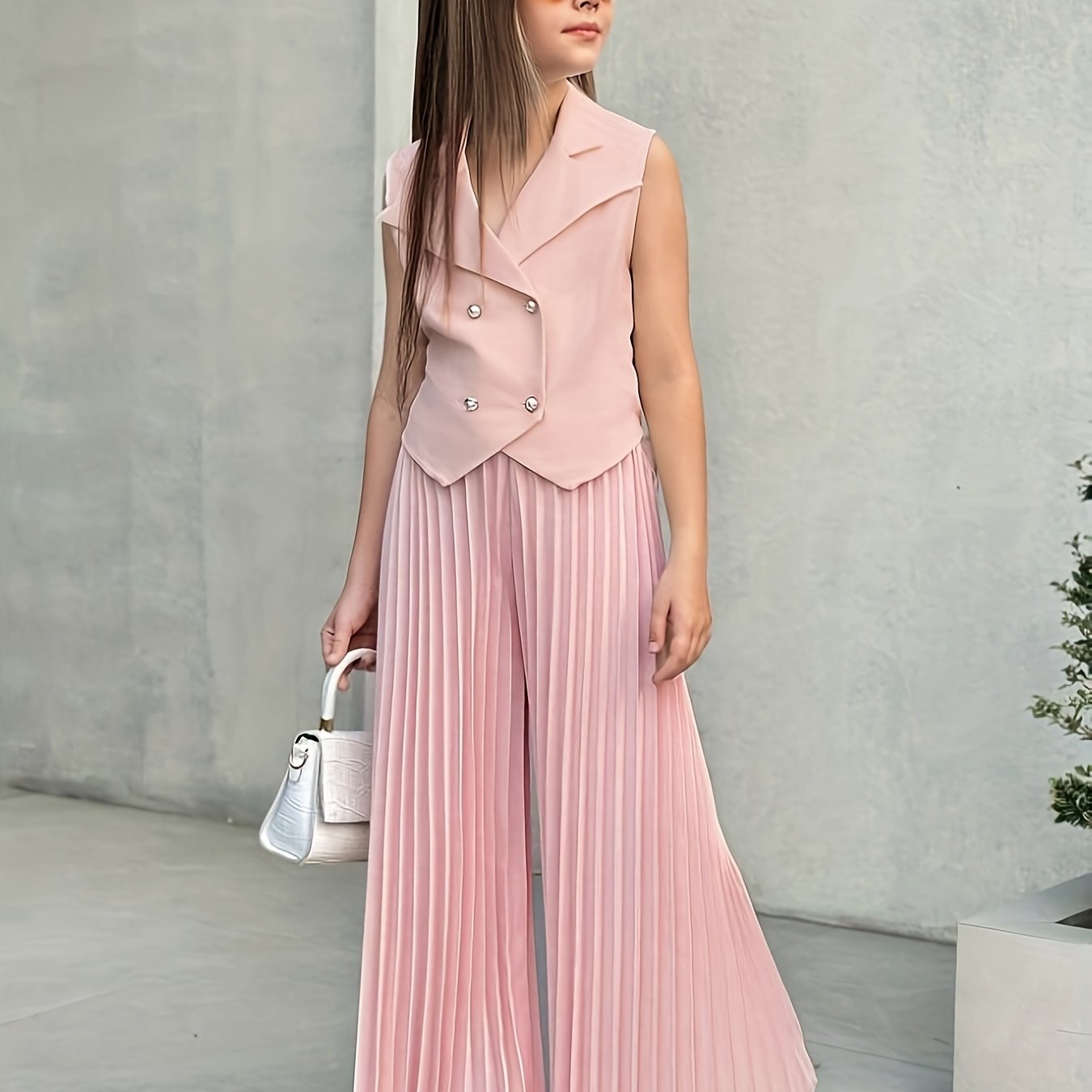 Spring Summer Girls' Fashion New Style, Temperament Elegant Gentle Design, Button Detail Lapel Sleeveless Top, Plus Fashionable Versatile Solid Color Long Pants, For Outdoor
