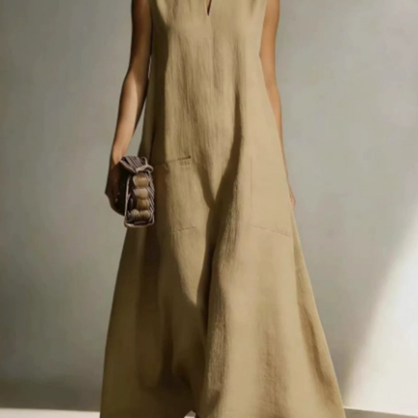 Image of Women's Gentle Solid Color Dress, Loose Sleeveless Vest Long Dress, Summer Holiday Relaxed Long Dress