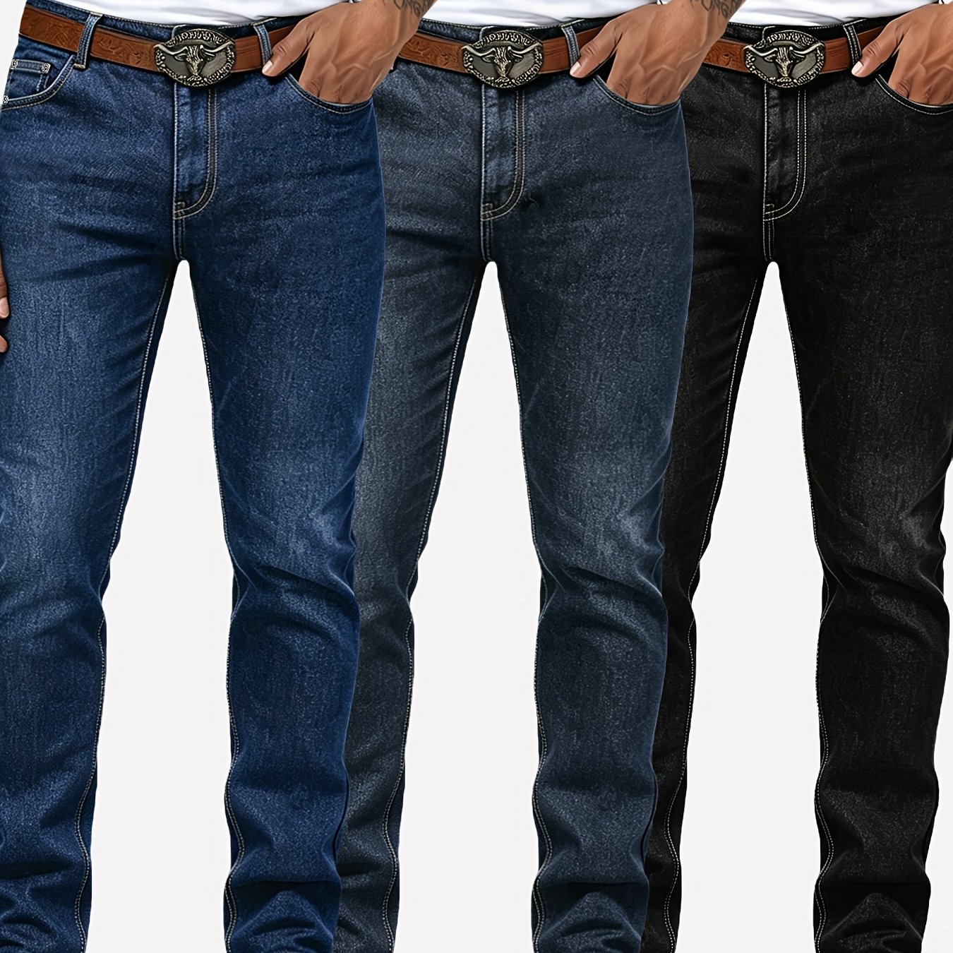 TEMU 3-pc - Men's Slim Fit Stretch Jeans - Stylish And Comfortable - Versatile And Trendy Men's Denim Pants