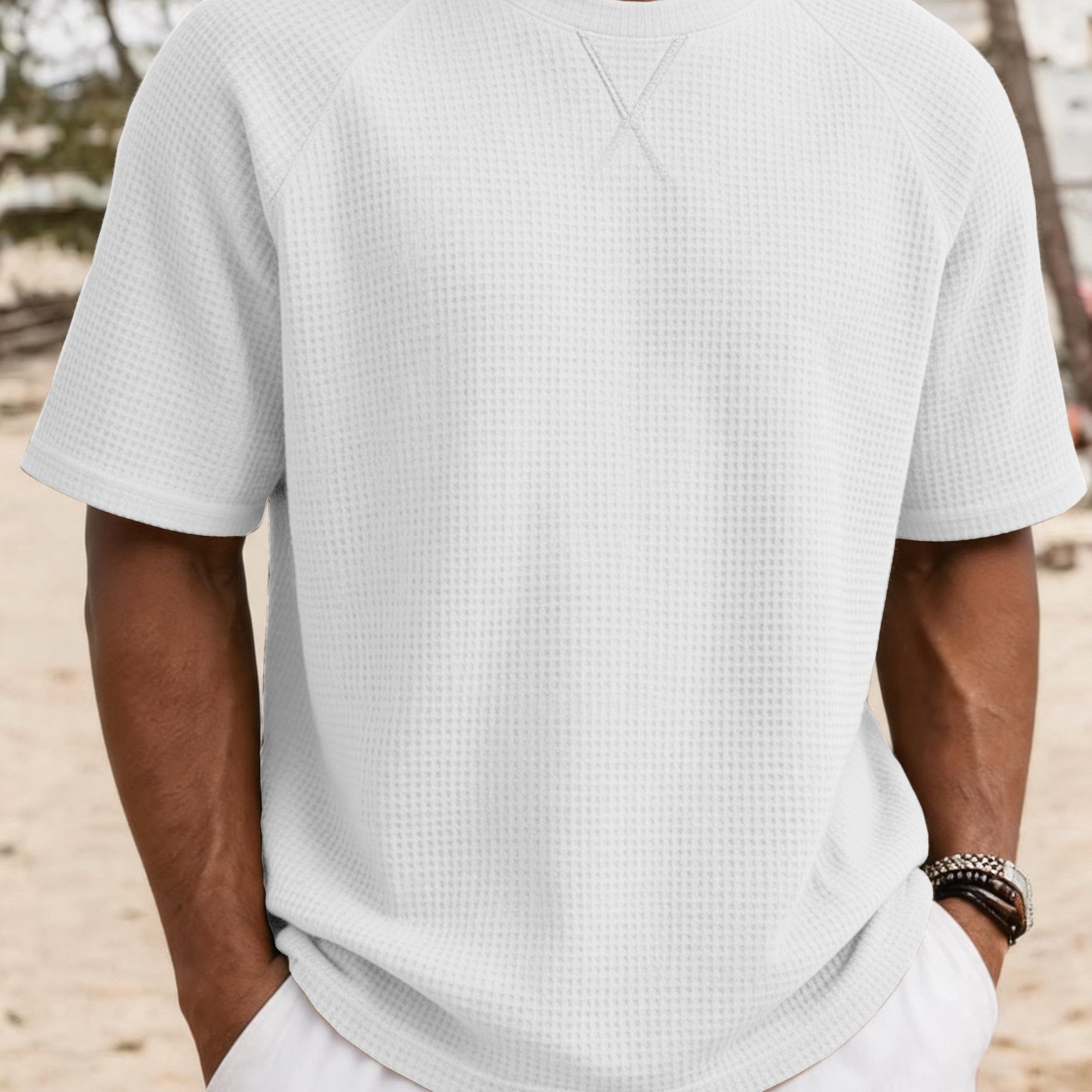 TEMU T-shirt à manches courtes en gaufrée pour homme, haut léger et respirant à col rond pour une tenue décontractée de tous , vacances d'été,