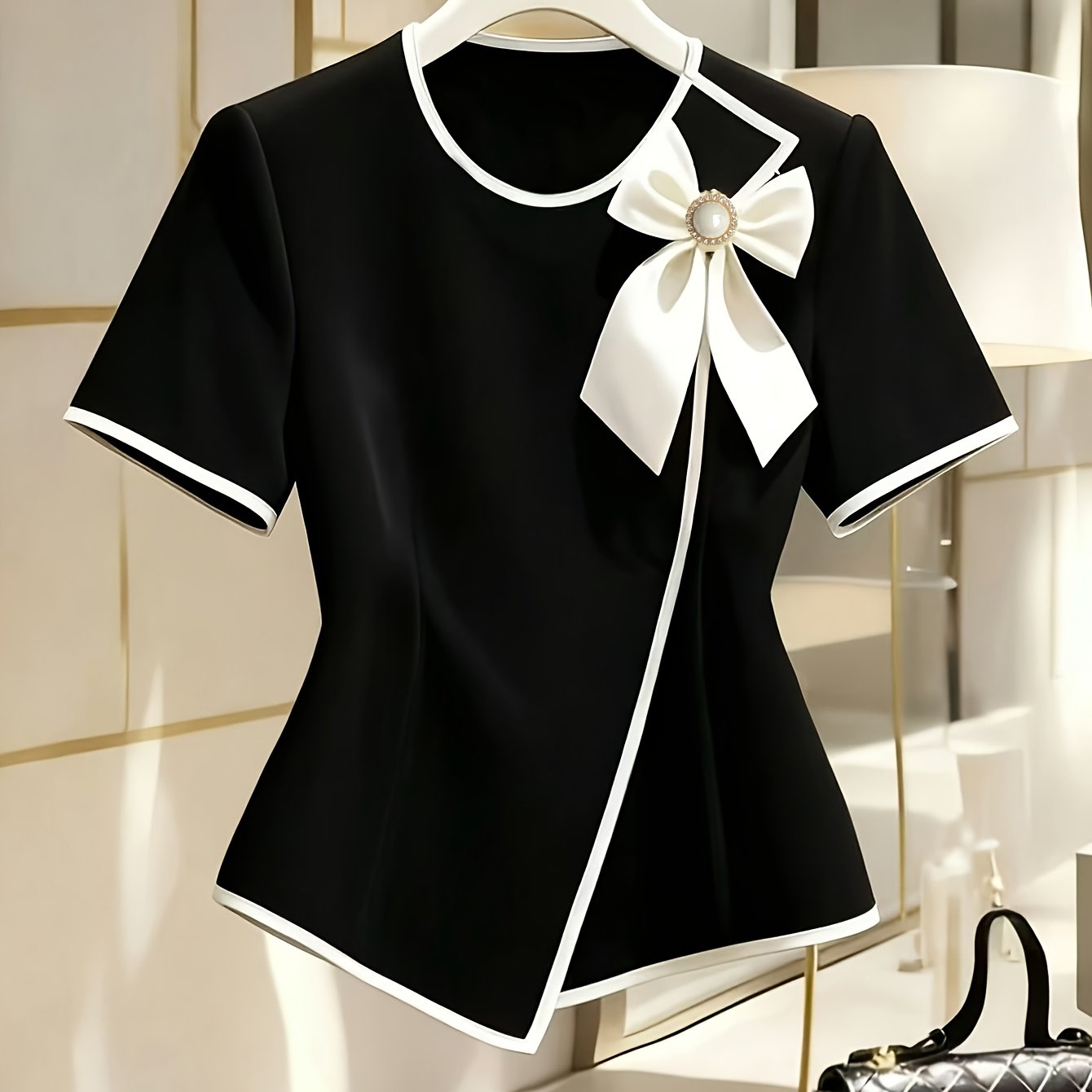 TEMU Haut élégant à manches courtes pour femmes, détail de nœud sur le devant, col rond et taille, parfait pour les tendance