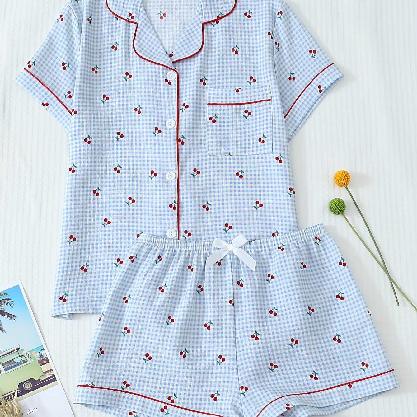 Image of Two-piece Women's Blue Cherry Print Summer Pajama Set, Short-sleeved Button- Shirt With Turned Collar And Bow Shorts, Clothes For Spring And Summer
