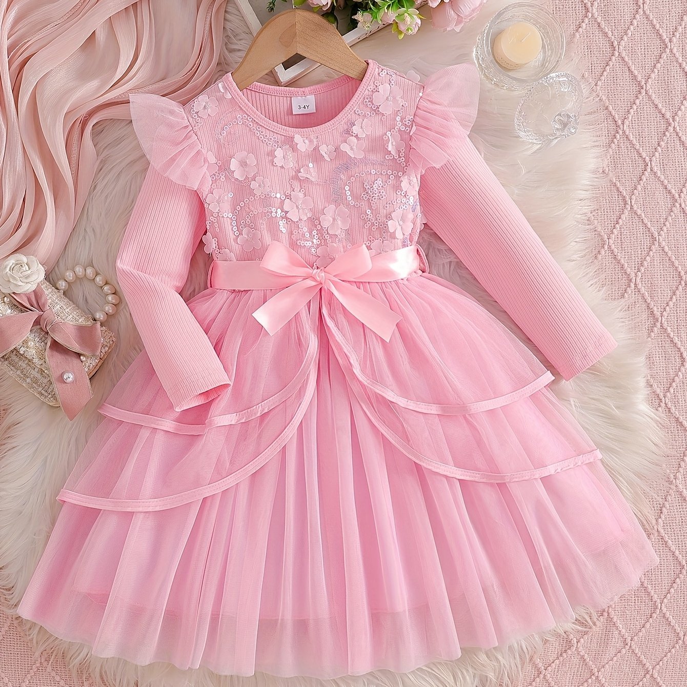 Coviviky Girls' Elegant Long Sleeve Princess Dress With Floral Sequined Top And Bow Detail, Tulle Skirt, Suitable For Weddings, Birthdays, Performances, And Formal Parties