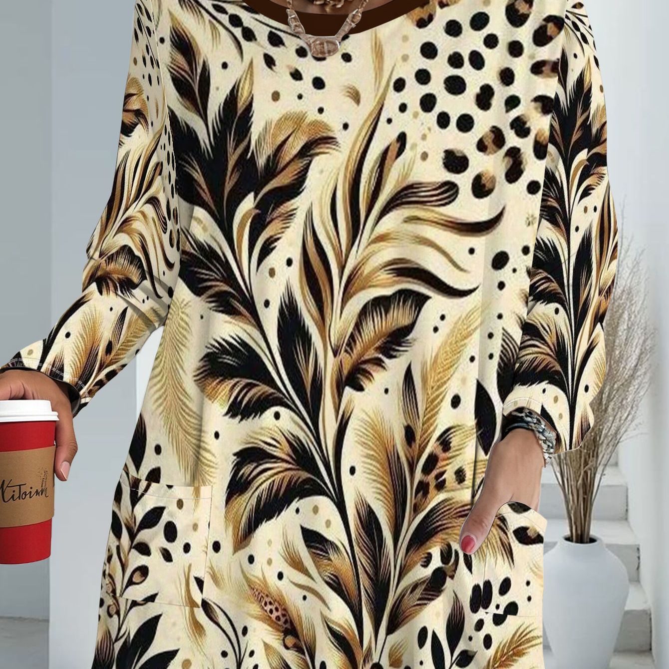 TEMU Women's Plus Size Vintage Print Loose With Pockets, Fashion Long Sleeve T-shirt, Casual Versatile Style