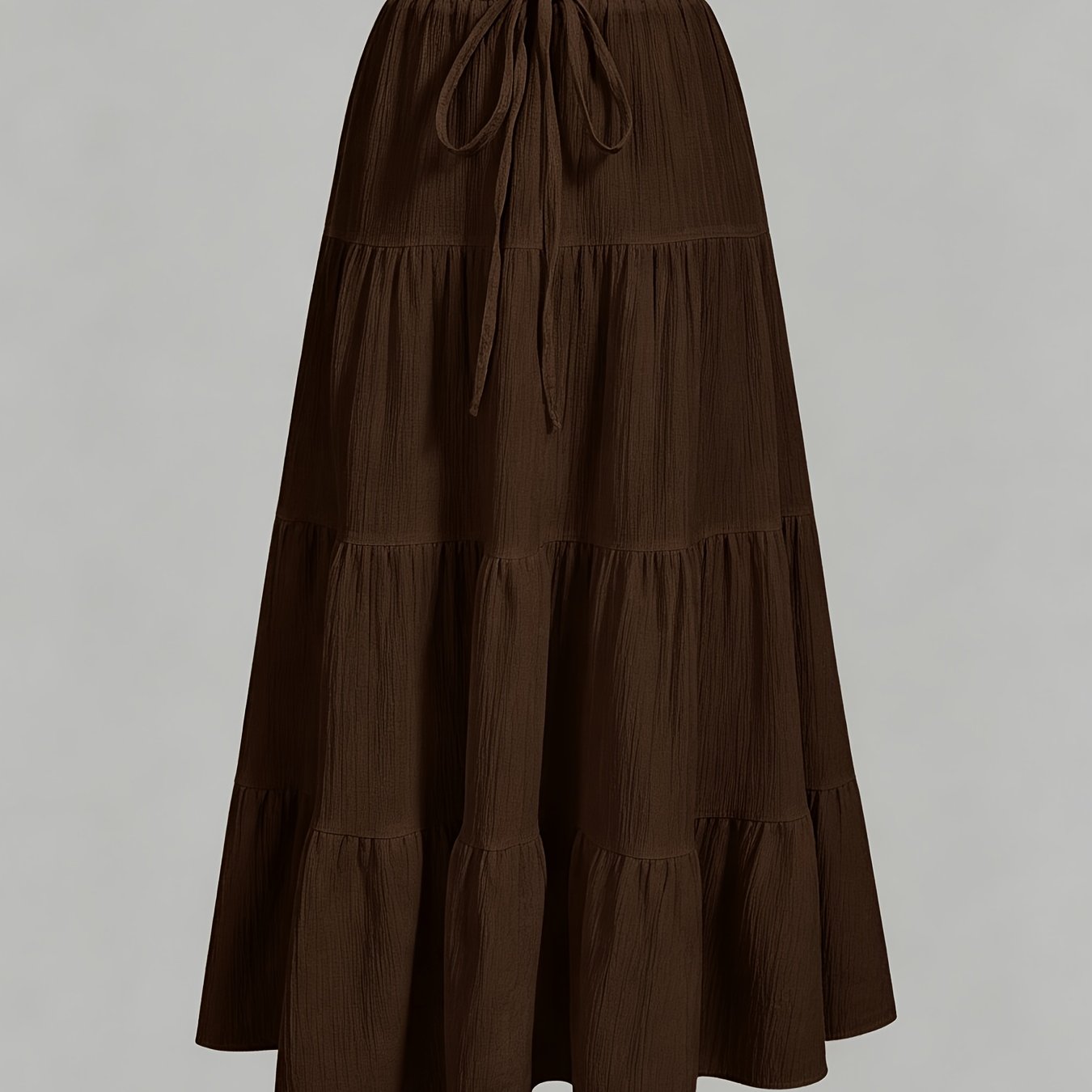 Image of Women's Brown Tiered Maxi Skirt, Elastic Waist Drawstring Flowy A-line Skirt, Casual Long Skirt, Boho Style For Summer & Daily Wear