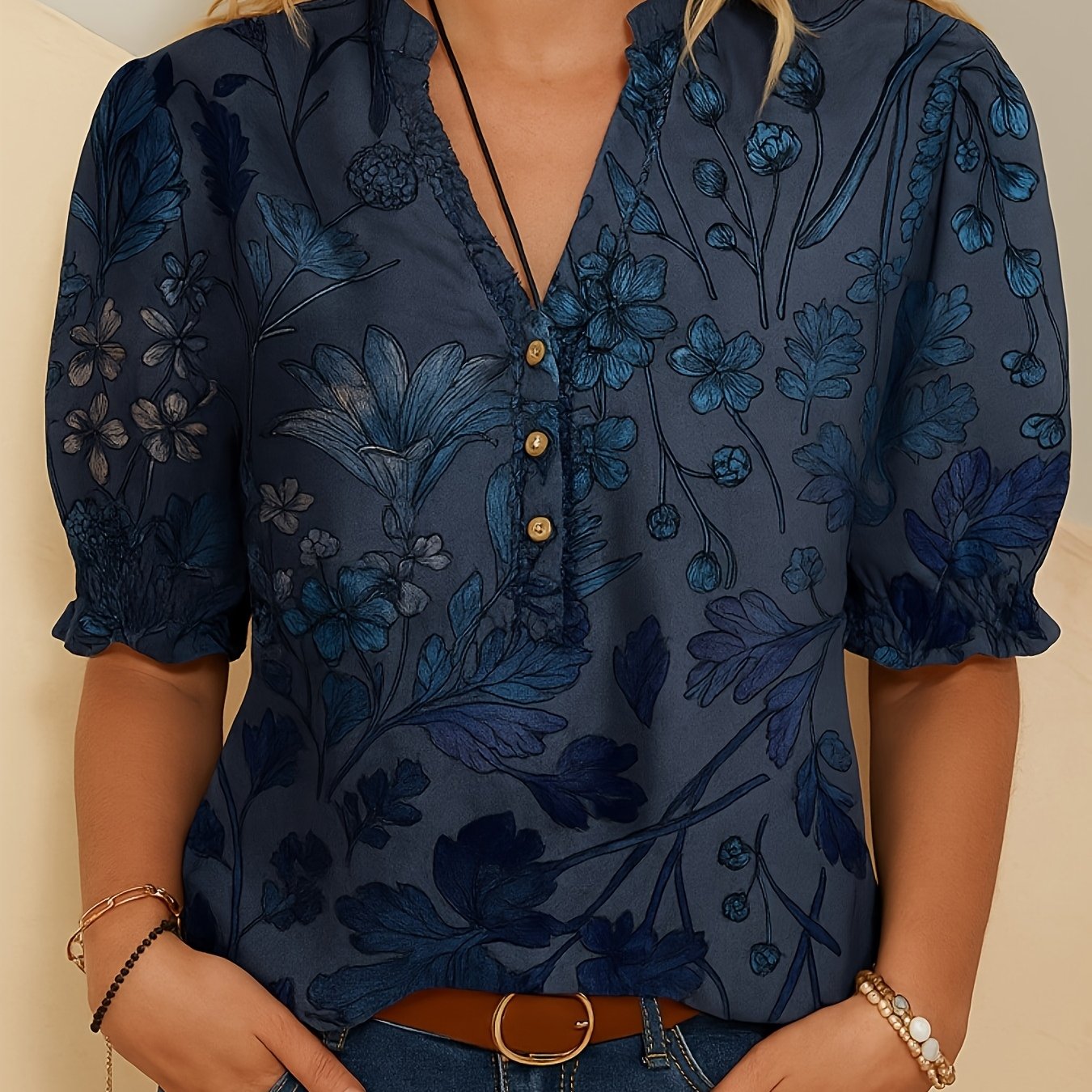 Fashionable Ethnic Style Printed Ruffle Sleeve V-neck Pullover Shirt, Women's Casual Loose Short-sleeve T-shirt