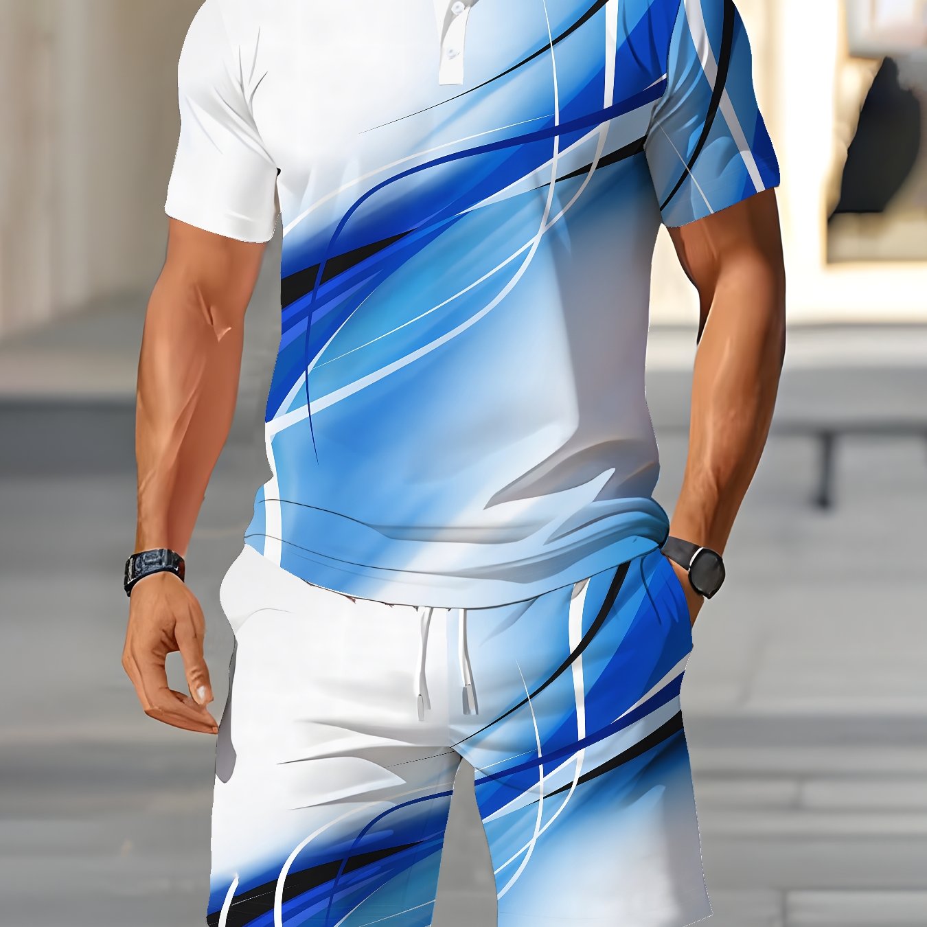 TEMU Men's 2pcs Set Summer Athletic Short Sleeve Shirt And Lightweight Pocket Drawstring Elastic Waist Shorts, Suitable For Vacation Beach Golf